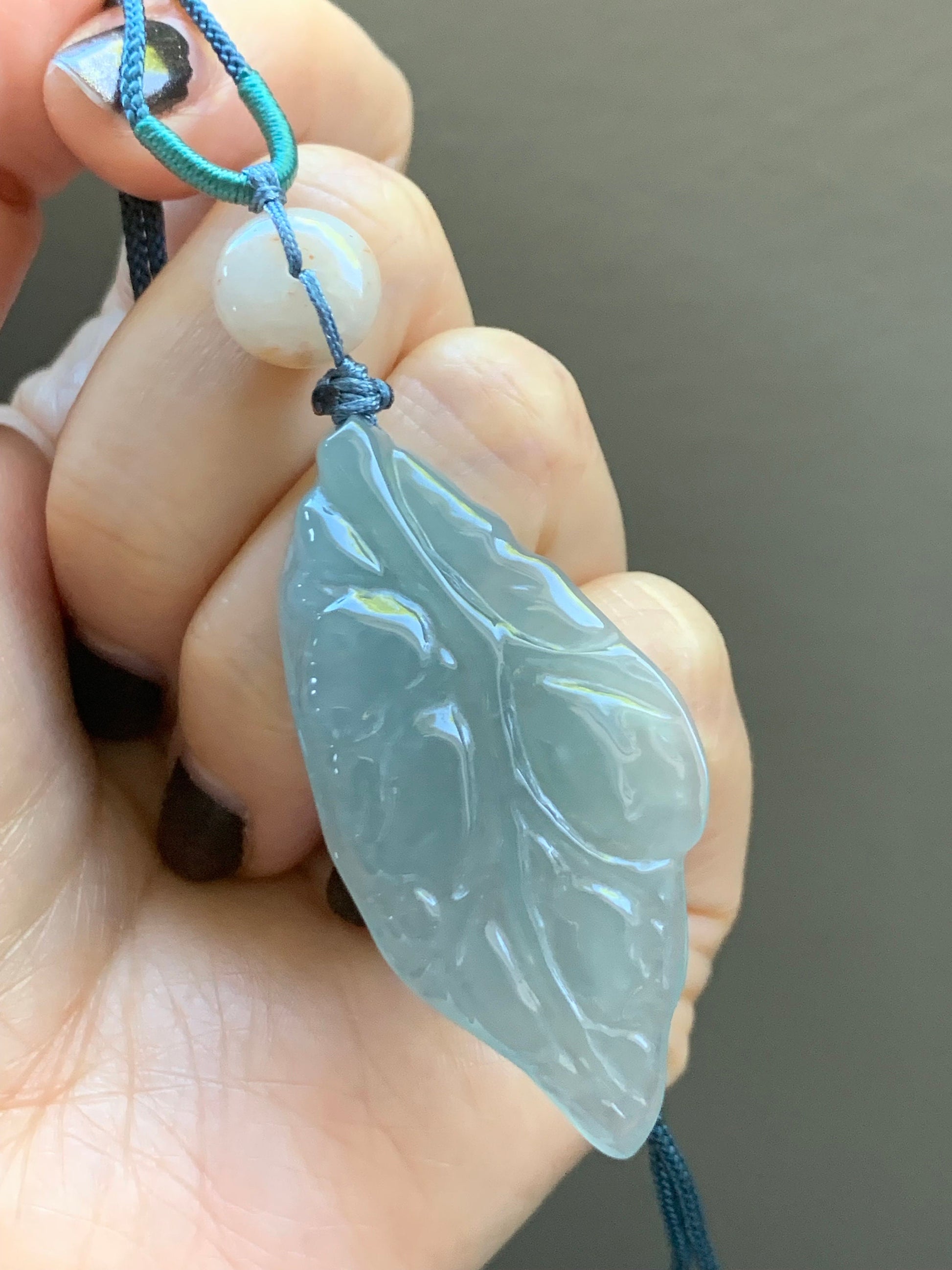 Natural Burmese Icy Translucent Gelatinous Sky Blue Jadeite Leaf Pendant Natural Peachy Jadeite Donut Rope Necklace 24" 天然缅甸冰胶天空蓝翡翠树叶吊坠