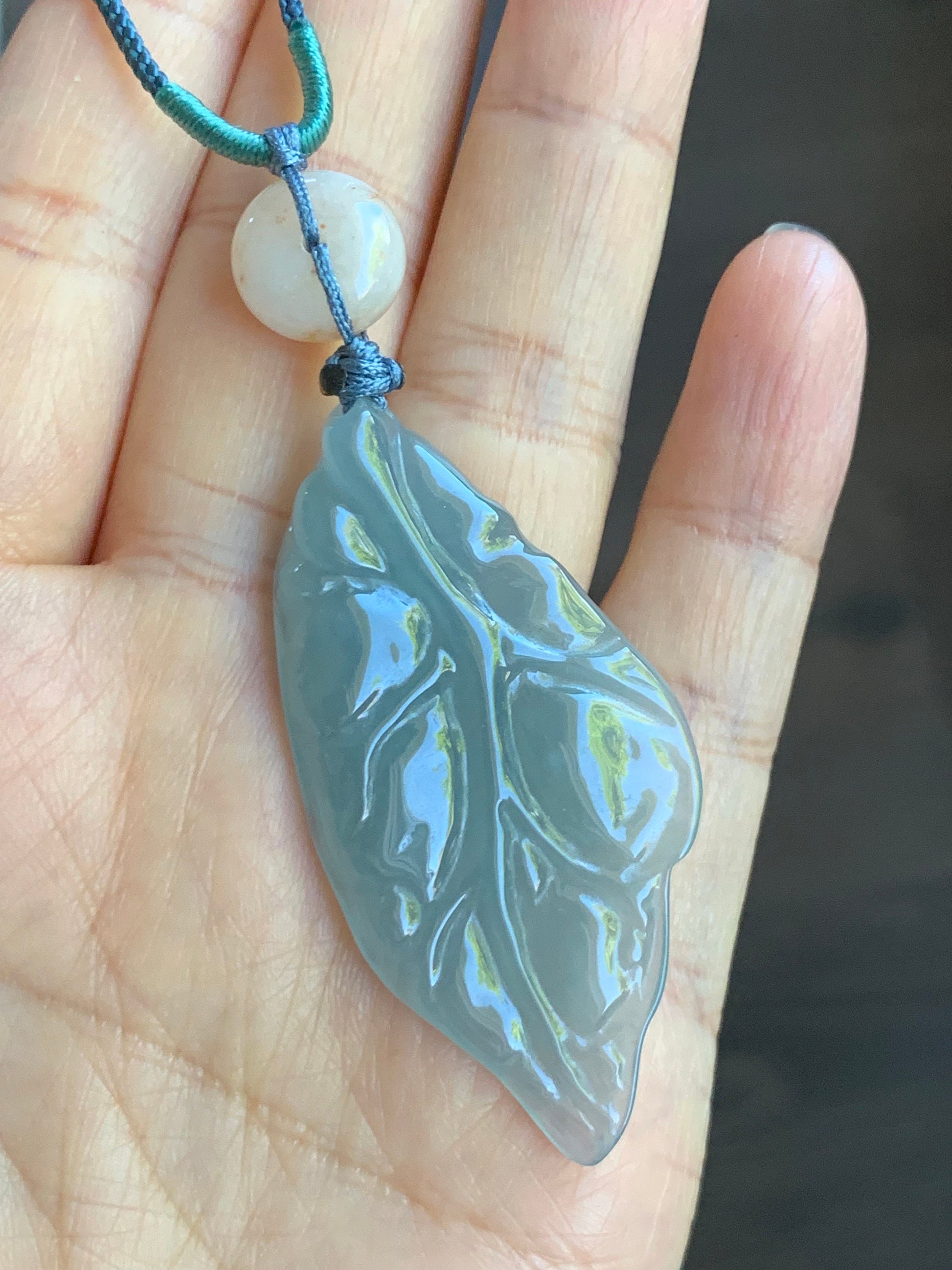 Natural Burmese Icy Translucent Gelatinous Sky Blue Jadeite Leaf Pendant Natural Peachy Jadeite Donut Rope Necklace 24" 天然缅甸冰胶天空蓝翡翠树叶吊坠