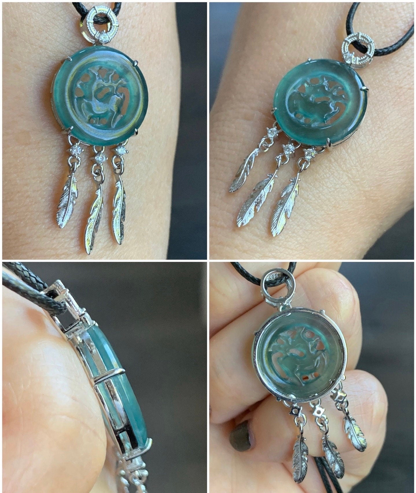 Natural Guatemalan Icy Translucent Teal Blue Jadeite Disc Pendant Carved w/ Deer Dream Catcher Design Sterling Silver 天然高冰危蓝水翡翠小鹿牌捕梦网银镶吊坠