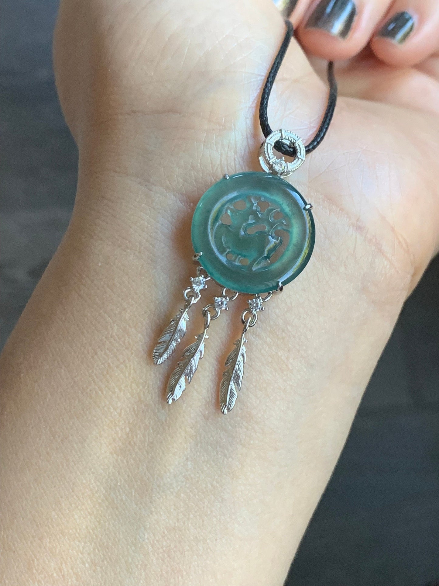 Natural Guatemalan Icy Translucent Teal Blue Jadeite Disc Pendant Carved w/ Deer Dream Catcher Design Sterling Silver 天然高冰危蓝水翡翠小鹿牌捕梦网银镶吊坠