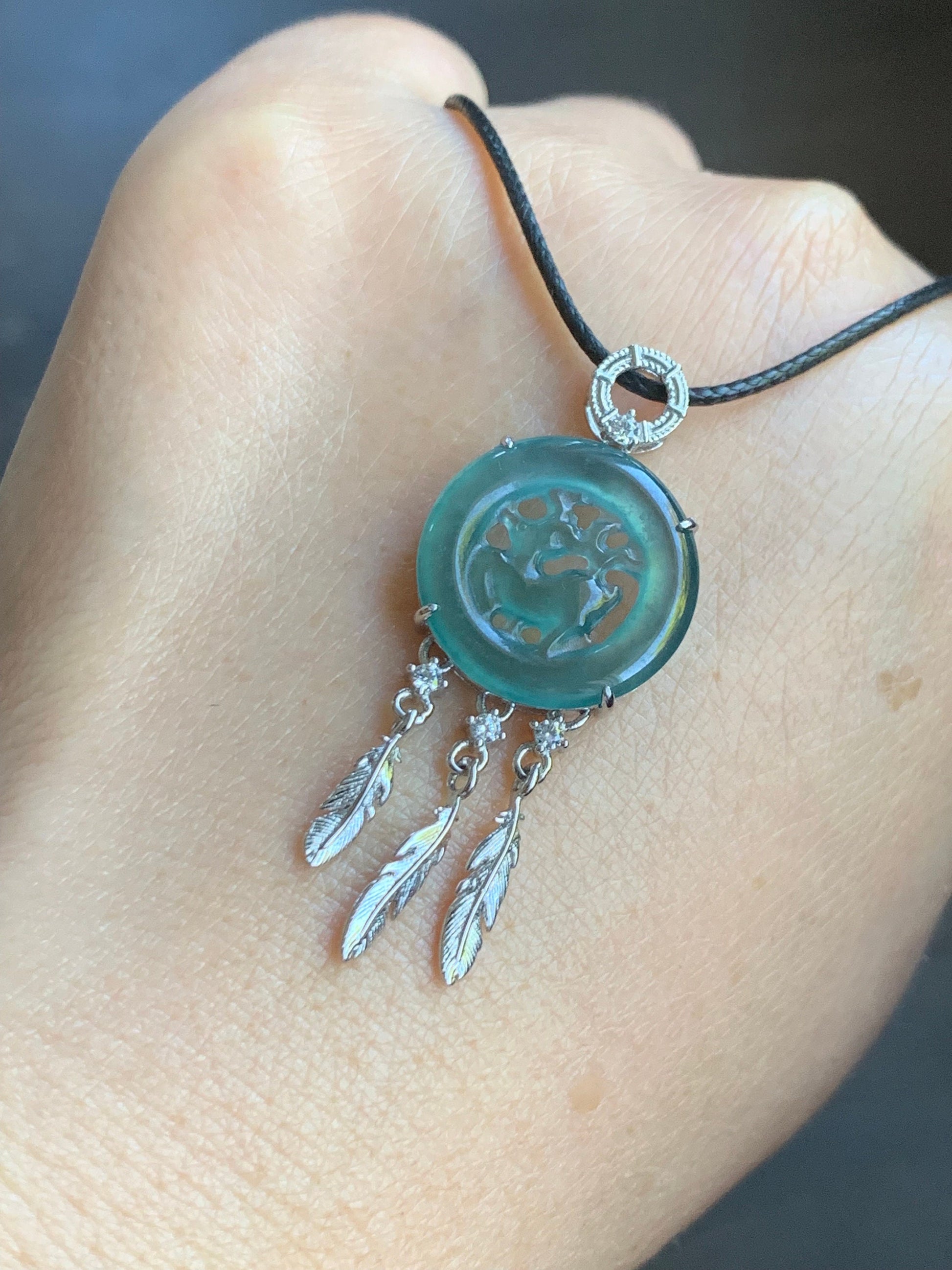 Natural Guatemalan Icy Translucent Teal Blue Jadeite Disc Pendant Carved w/ Deer Dream Catcher Design Sterling Silver 天然高冰危蓝水翡翠小鹿牌捕梦网银镶吊坠