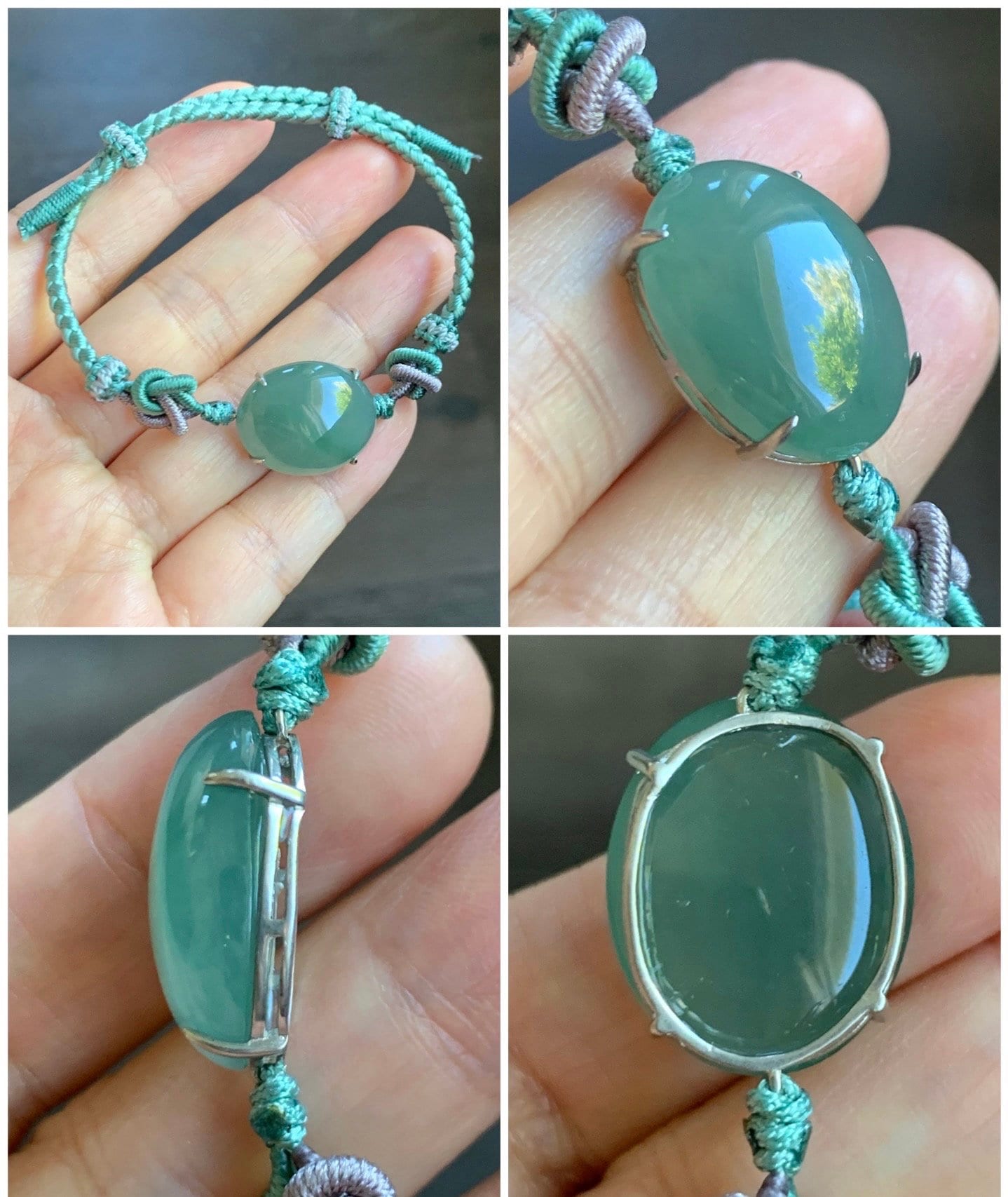 Large Natural Burmese Icy Translucent Gelatinous Teal Green Jadeite Cabochon Rope Bracelet Adjustable up to 8.5” Sterling Silver 天然缅甸冰蓝绿翡翠手绳