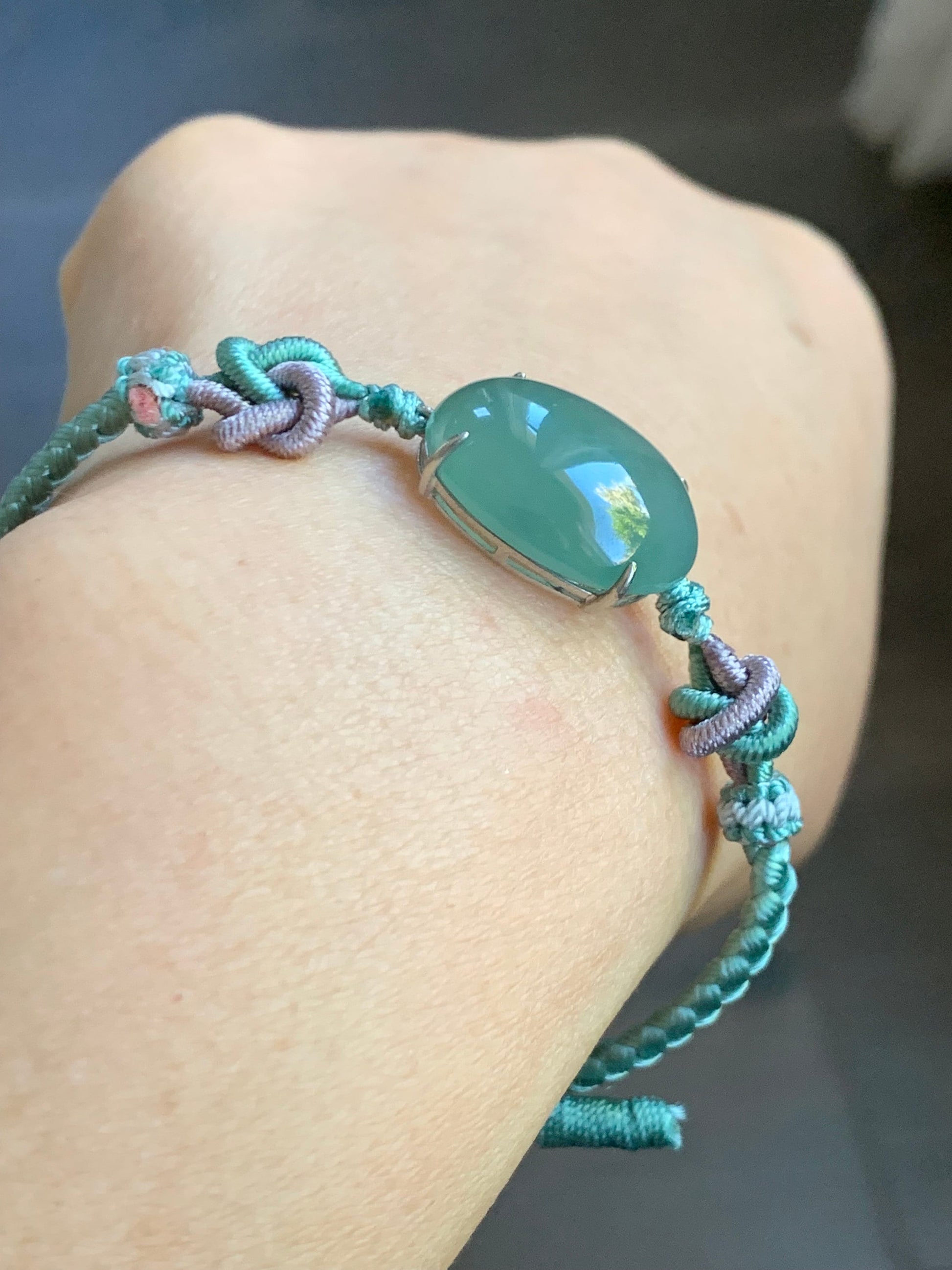 Large Natural Burmese Icy Translucent Gelatinous Teal Green Jadeite Cabochon Rope Bracelet Adjustable up to 8.5” Sterling Silver 天然缅甸冰蓝绿翡翠手绳