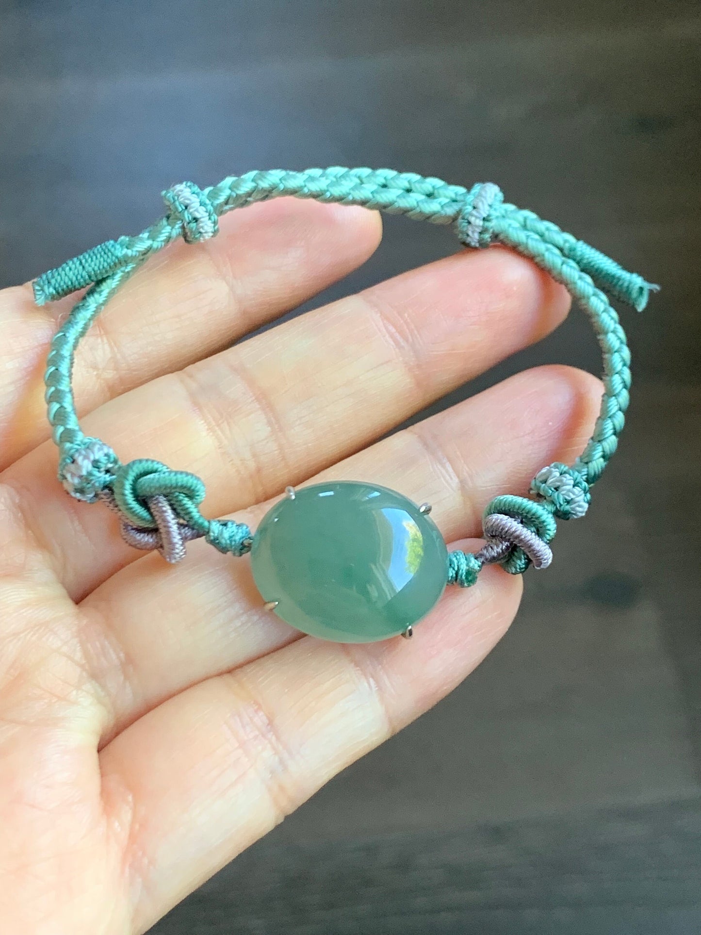 Large Natural Burmese Icy Translucent Gelatinous Teal Green Jadeite Cabochon Rope Bracelet Adjustable up to 8.5” Sterling Silver 天然缅甸冰蓝绿翡翠手绳