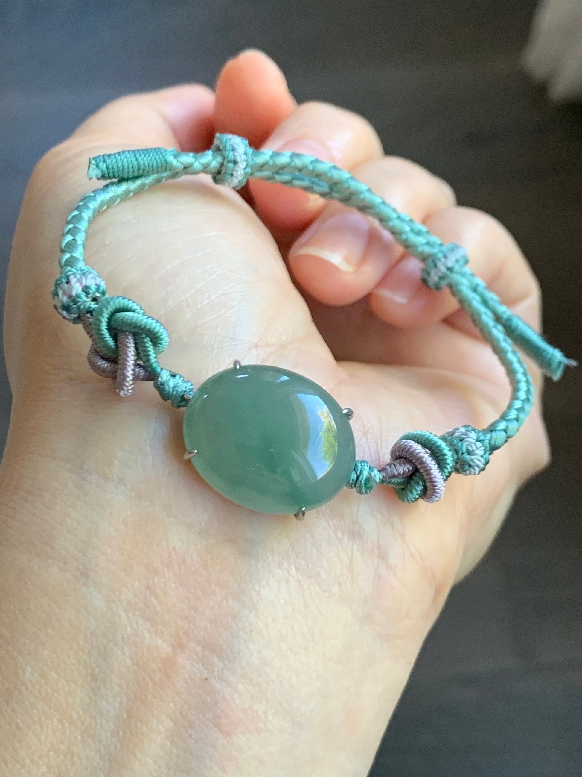 Large Natural Burmese Icy Translucent Gelatinous Teal Green Jadeite Cabochon Rope Bracelet Adjustable up to 8.5” Sterling Silver 天然缅甸冰蓝绿翡翠手绳