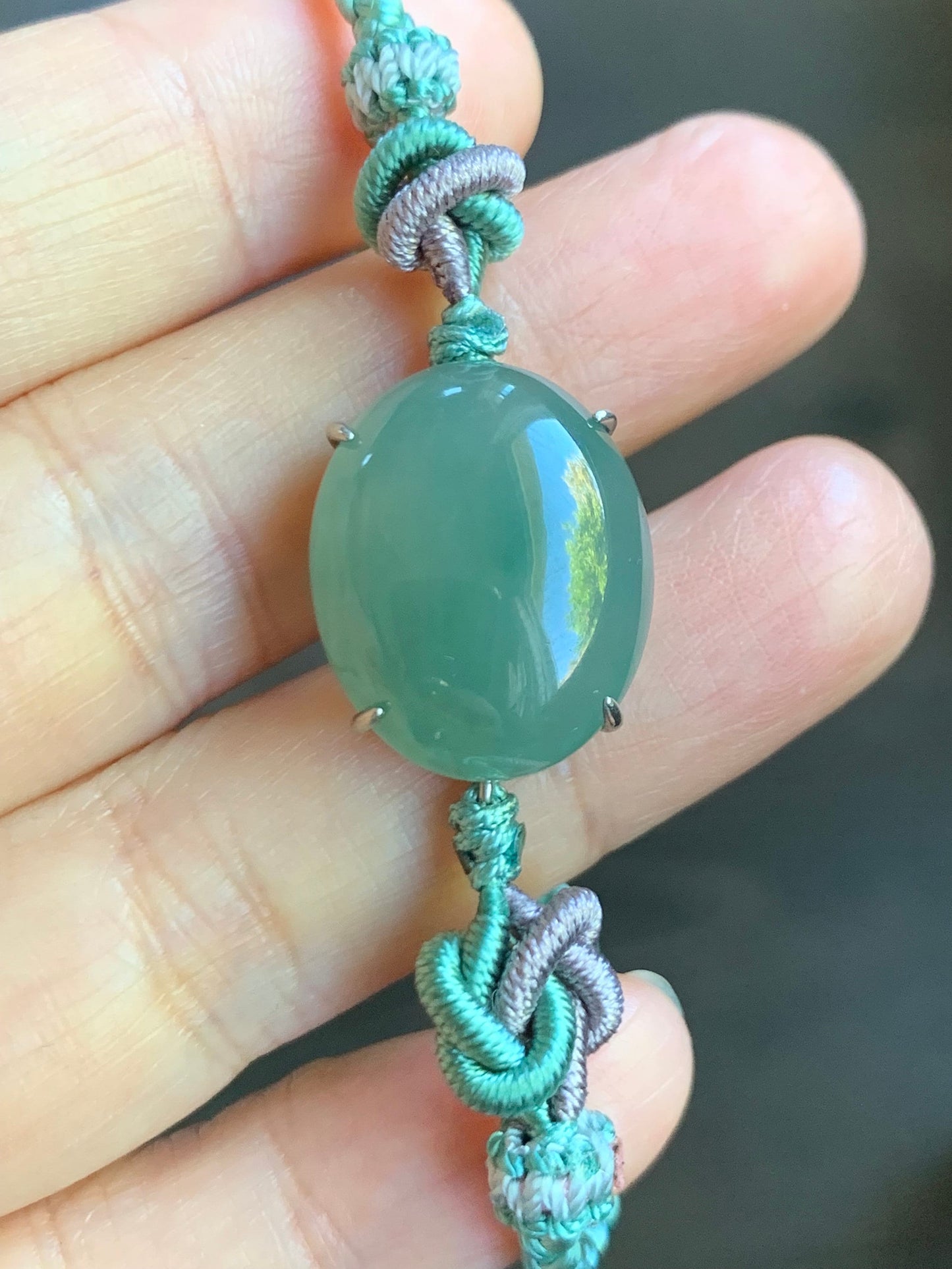 Large Natural Burmese Icy Translucent Gelatinous Teal Green Jadeite Cabochon Rope Bracelet Adjustable up to 8.5” Sterling Silver 天然缅甸冰蓝绿翡翠手绳