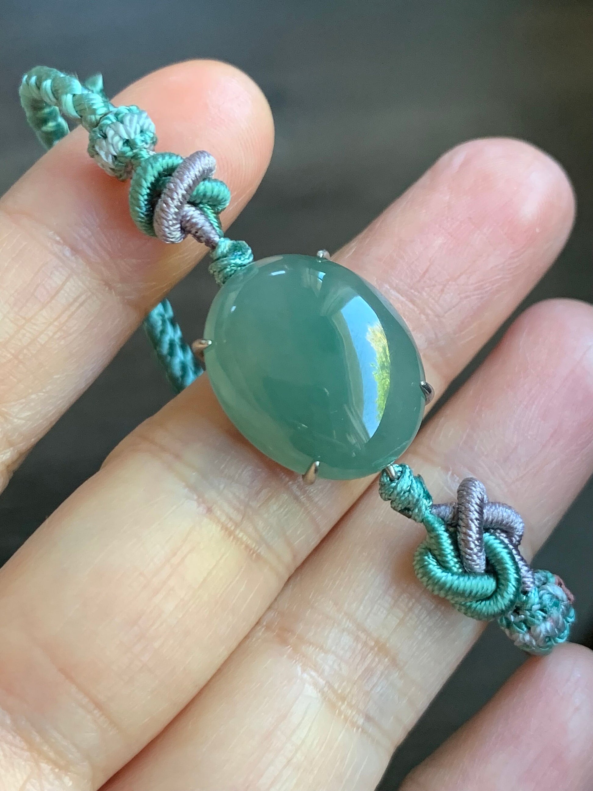 Large Natural Burmese Icy Translucent Gelatinous Teal Green Jadeite Cabochon Rope Bracelet Adjustable up to 8.5” Sterling Silver 天然缅甸冰蓝绿翡翠手绳