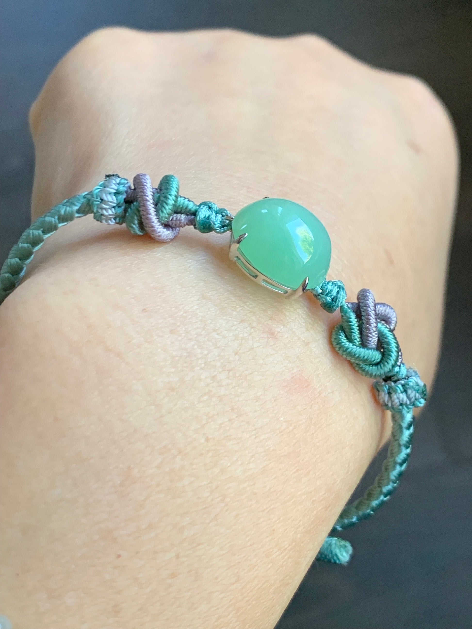 Natural Burmese Icy Translucent Gelatinous Apple Green Jadeite Rope Bracelet Adjustable up to 8.25” Sterling Silver 天然缅甸冰果绿翡翠手绳