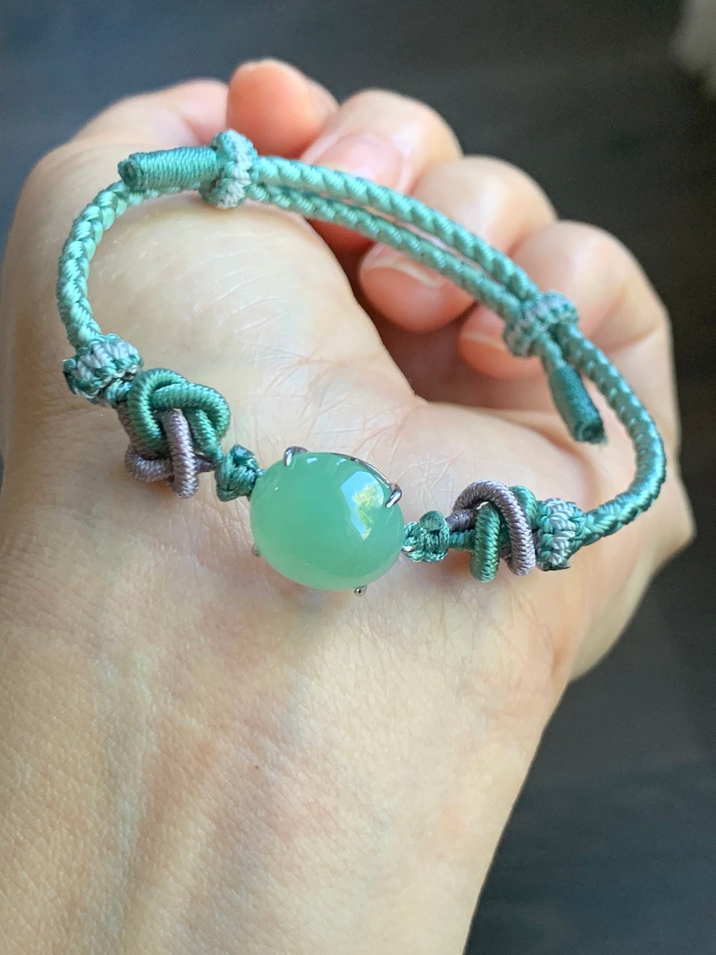 Natural Burmese Icy Translucent Gelatinous Apple Green Jadeite Rope Bracelet Adjustable up to 8.25” Sterling Silver 天然缅甸冰果绿翡翠手绳