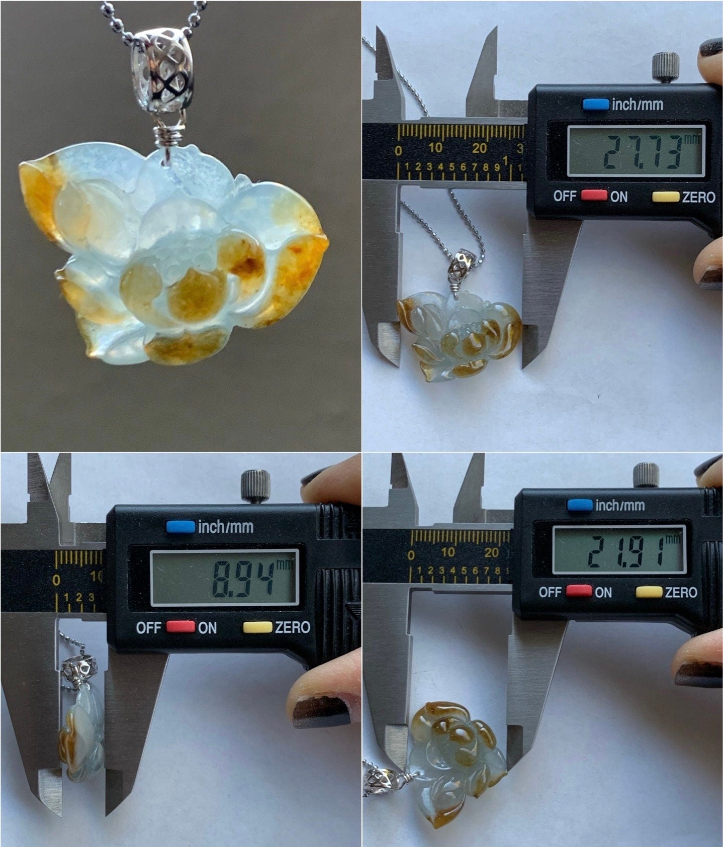 Stunning Natural Burmese Icy Highly Translucent Light Blue & Rich Yellow Bicolored Jadeite Carved Lotus Flower Pendant 天然缅甸冰蓝加黄特色翡翠一品清莲吊坠