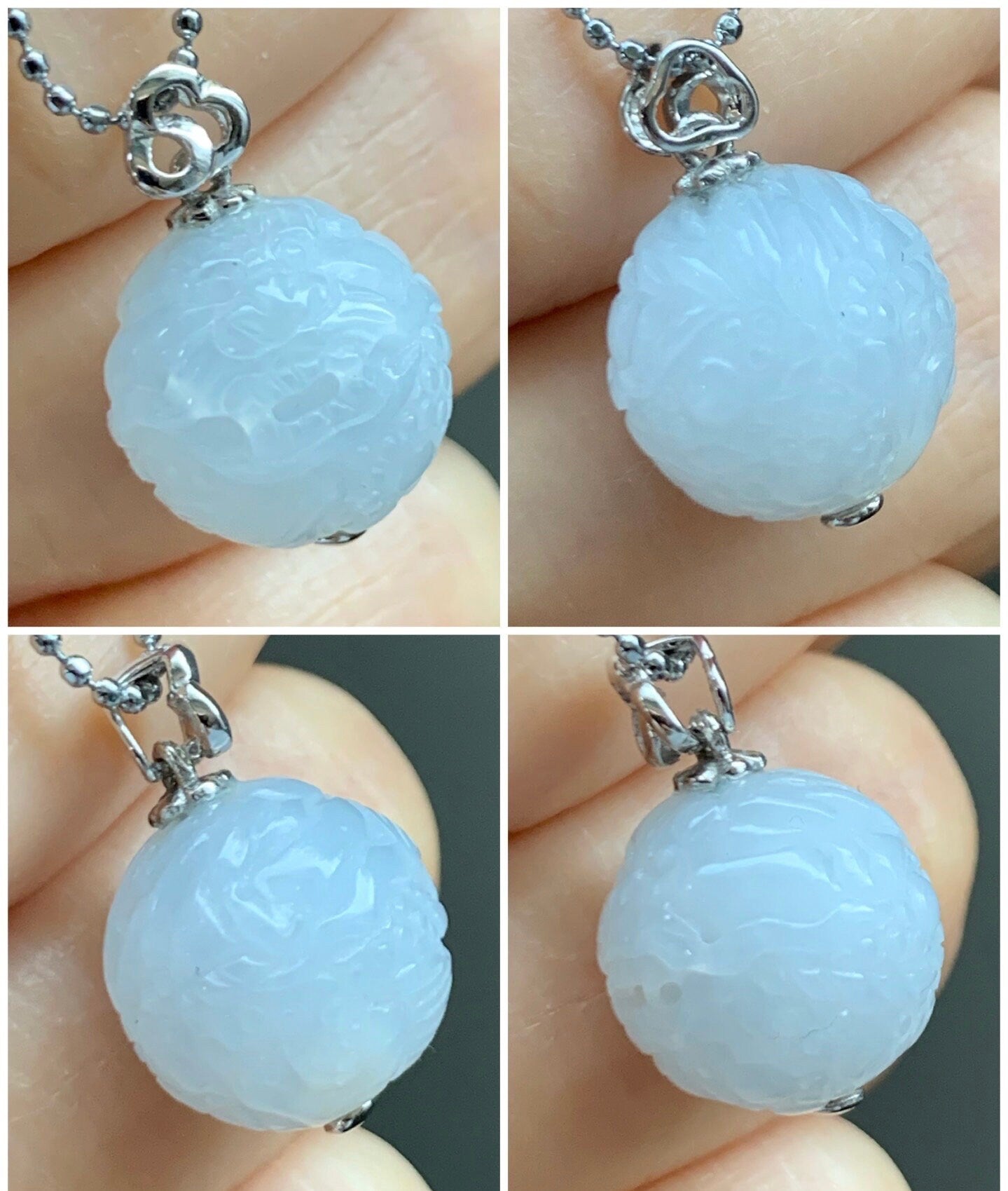 Certified Natural Burmese Icy Translucent Gelatinous White Jadeite Carved Dragon Ball Sphere Pendant 18K White Gold 天然缅甸冰胶白冰翡翠龙珠镶嵌吊坠 3761