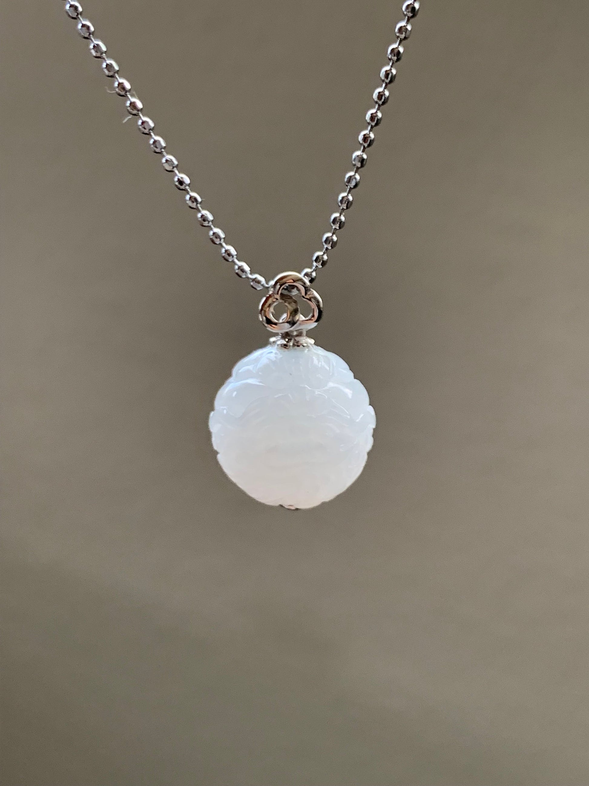 Certified Natural Burmese Icy Translucent Gelatinous White Jadeite Carved Dragon Ball Sphere Pendant 18K White Gold 天然缅甸冰胶白冰翡翠龙珠镶嵌吊坠 3761