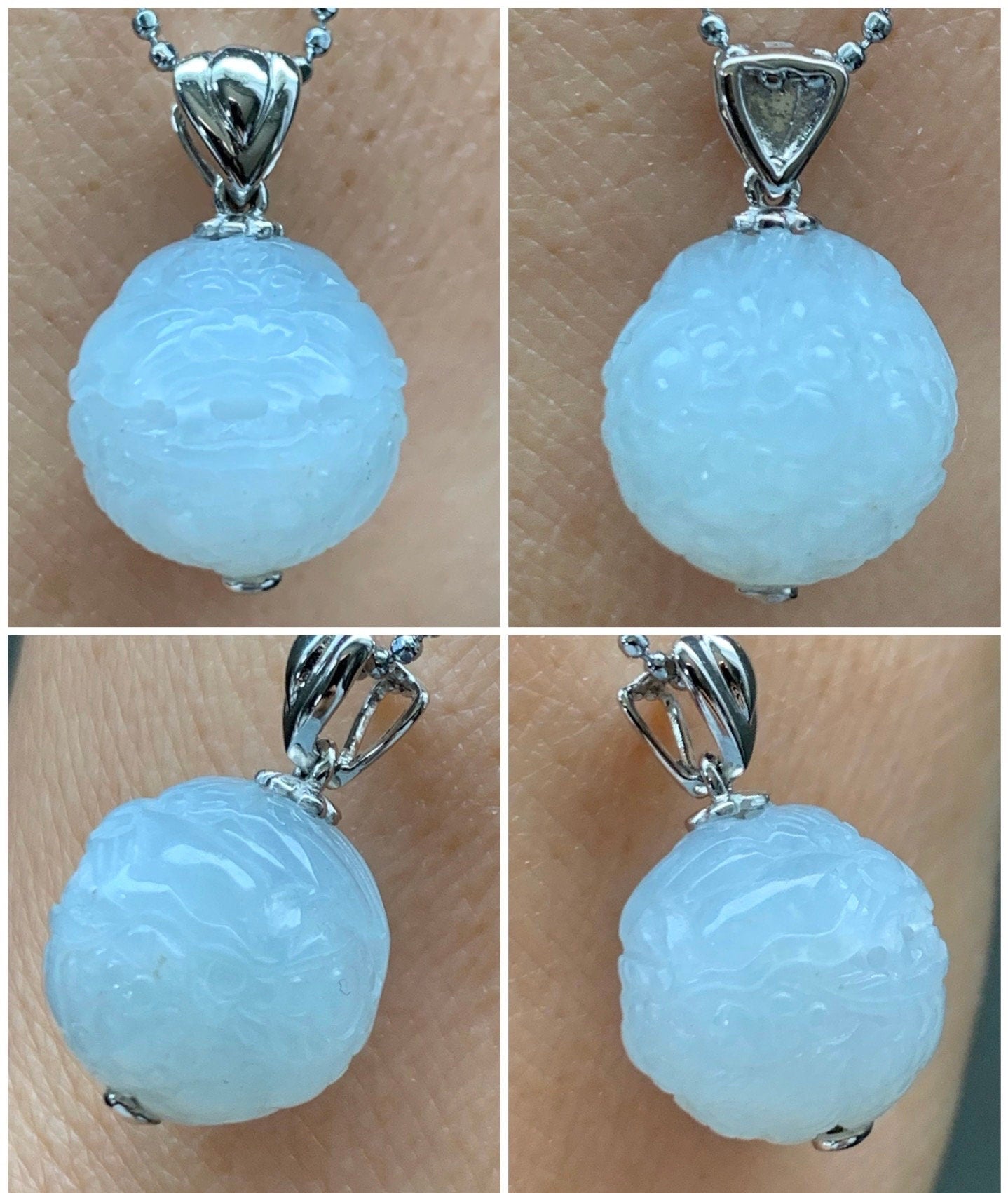 Certified Natural Burmese Icy Translucent Gelatinous White Jadeite Carved Dragon Ball Sphere Pendant 18K White Gold 天然缅甸冰胶白冰翡翠龙珠镶嵌吊坠 3762