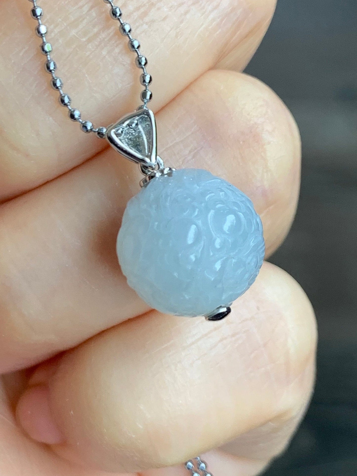 Certified Natural Burmese Icy Translucent Gelatinous White Jadeite Carved Dragon Ball Sphere Pendant 18K White Gold 天然缅甸冰胶白冰翡翠龙珠镶嵌吊坠 3762