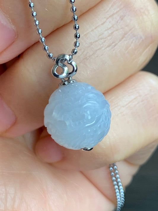 Certified Natural Burmese Icy Translucent Gelatinous White Jadeite Carved Dragon Ball Sphere Pendant 18K White Gold 天然缅甸冰胶白冰翡翠龙珠镶嵌吊坠 3761