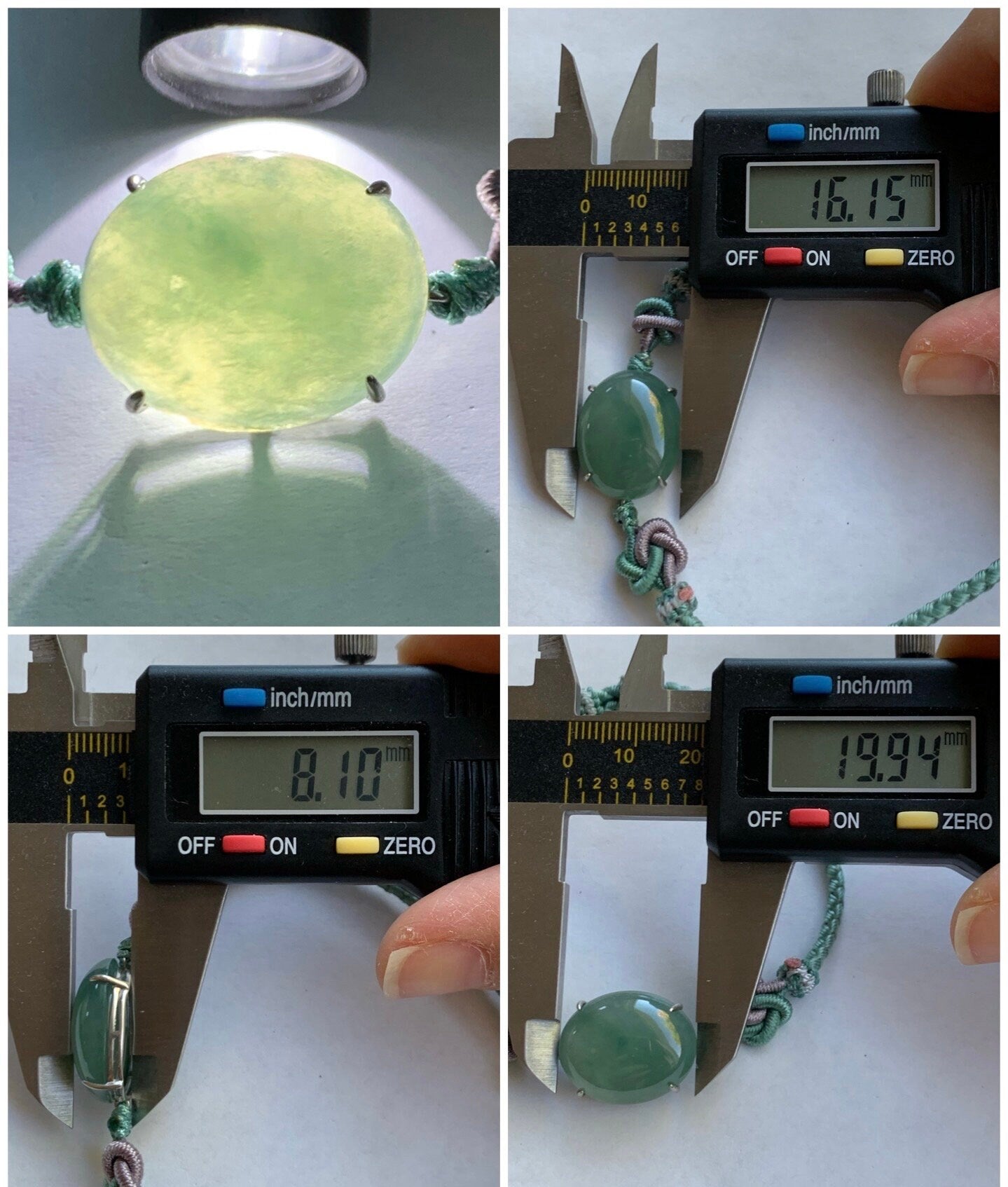 Large Natural Burmese Icy Translucent Gelatinous Teal Green Jadeite Cabochon Rope Bracelet Adjustable up to 8.5” Sterling Silver 天然缅甸冰蓝绿翡翠手绳