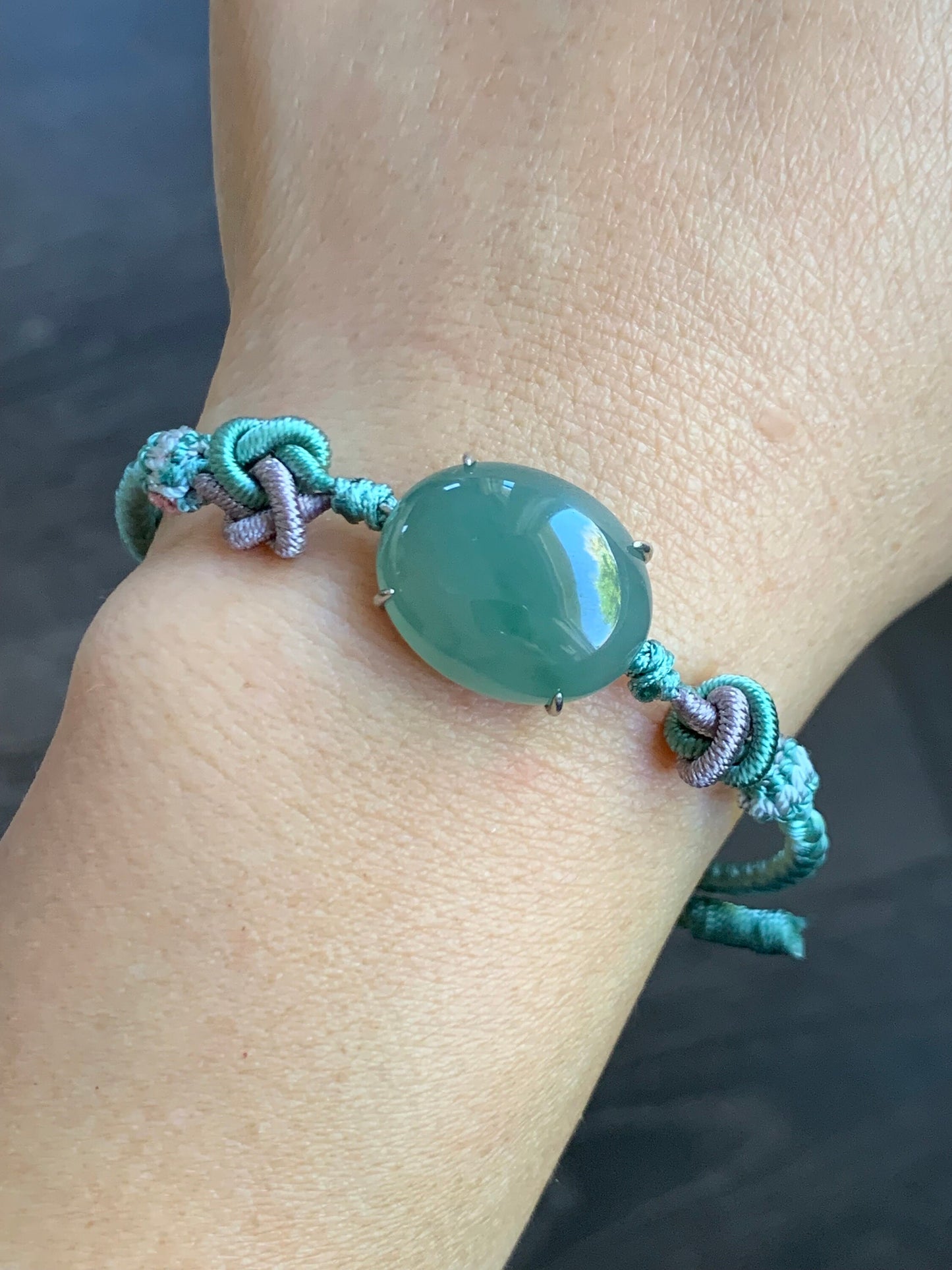 Large Natural Burmese Icy Translucent Gelatinous Teal Green Jadeite Cabochon Rope Bracelet Adjustable up to 8.5” Sterling Silver 天然缅甸冰蓝绿翡翠手绳