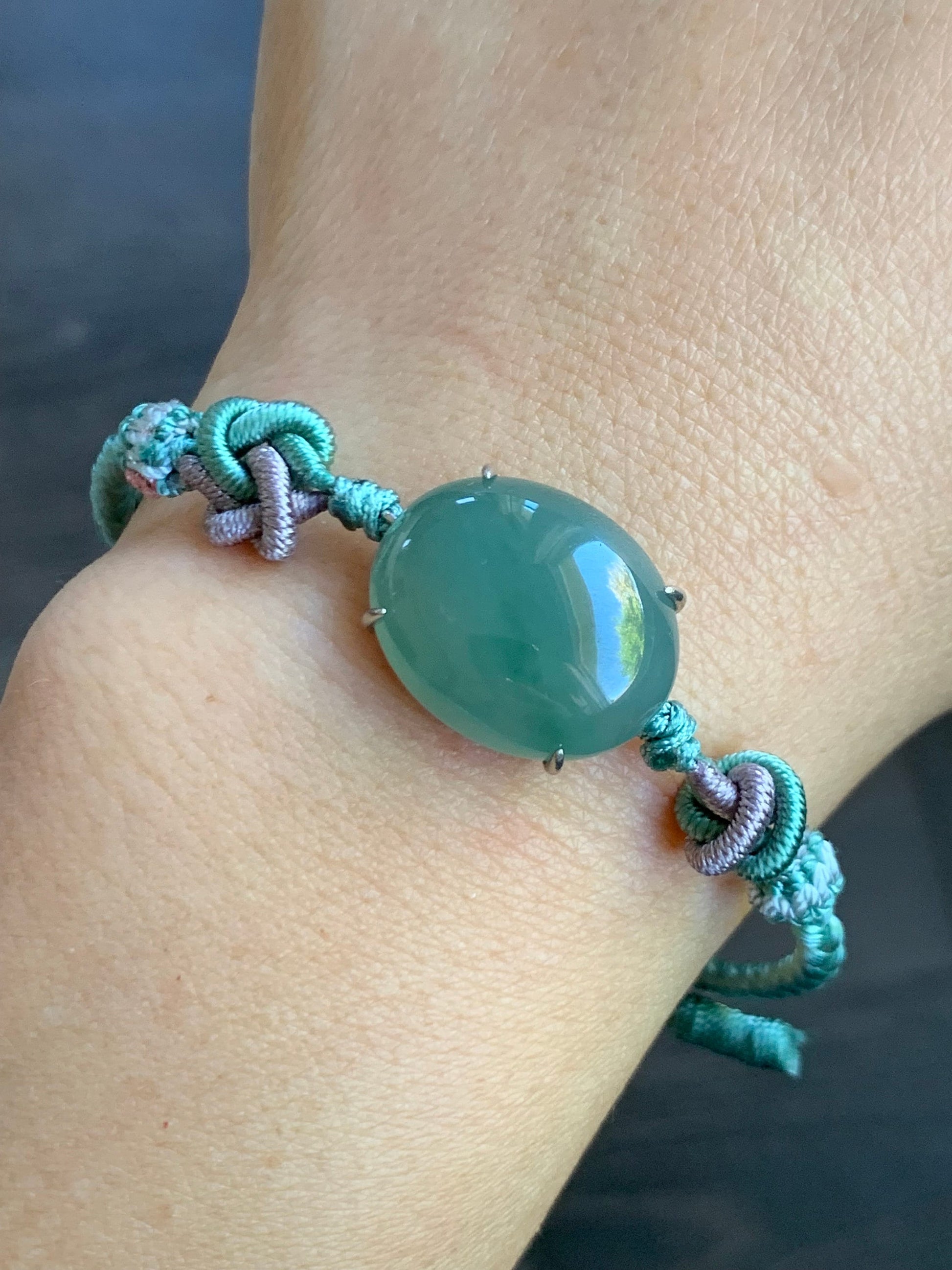 Large Natural Burmese Icy Translucent Gelatinous Teal Green Jadeite Cabochon Rope Bracelet Adjustable up to 8.5” Sterling Silver 天然缅甸冰蓝绿翡翠手绳