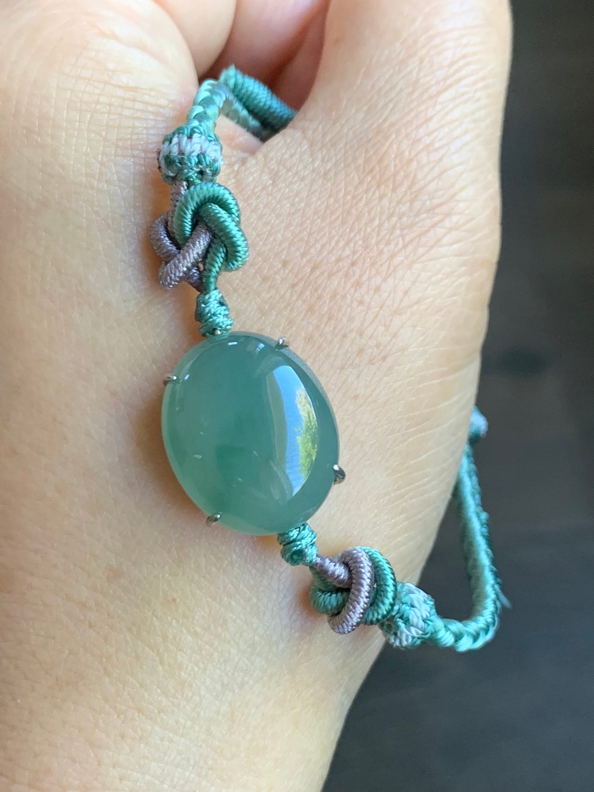 Large Natural Burmese Icy Translucent Gelatinous Teal Green Jadeite Cabochon Rope Bracelet Adjustable up to 8.5” Sterling Silver 天然缅甸冰蓝绿翡翠手绳