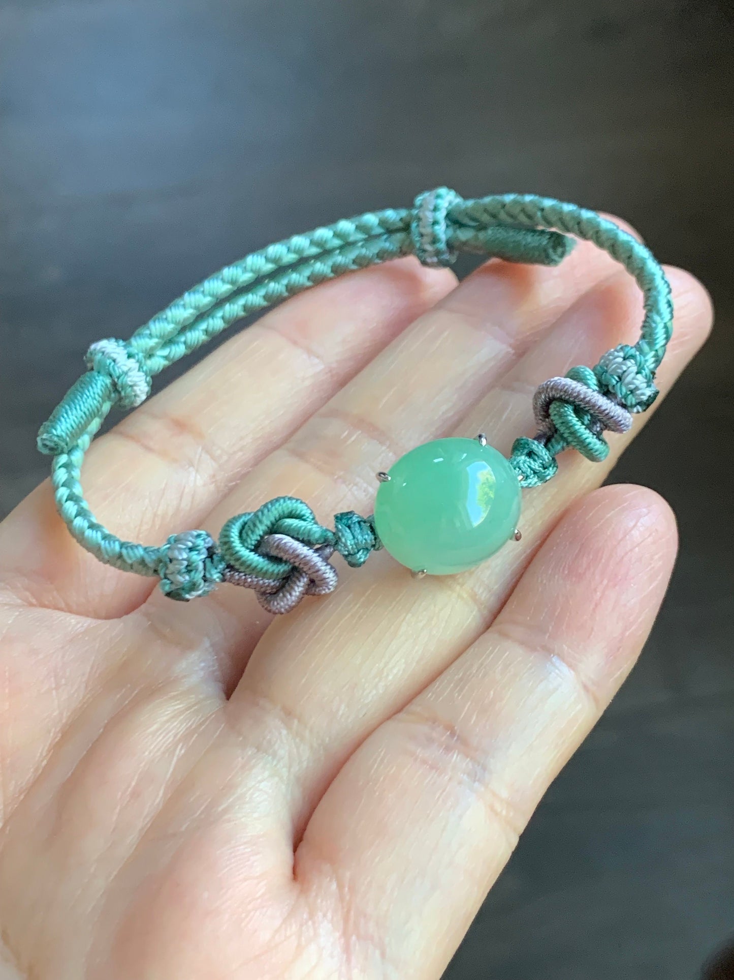 Natural Burmese Icy Translucent Gelatinous Apple Green Jadeite Rope Bracelet Adjustable up to 8.25” Sterling Silver 天然缅甸冰果绿翡翠手绳