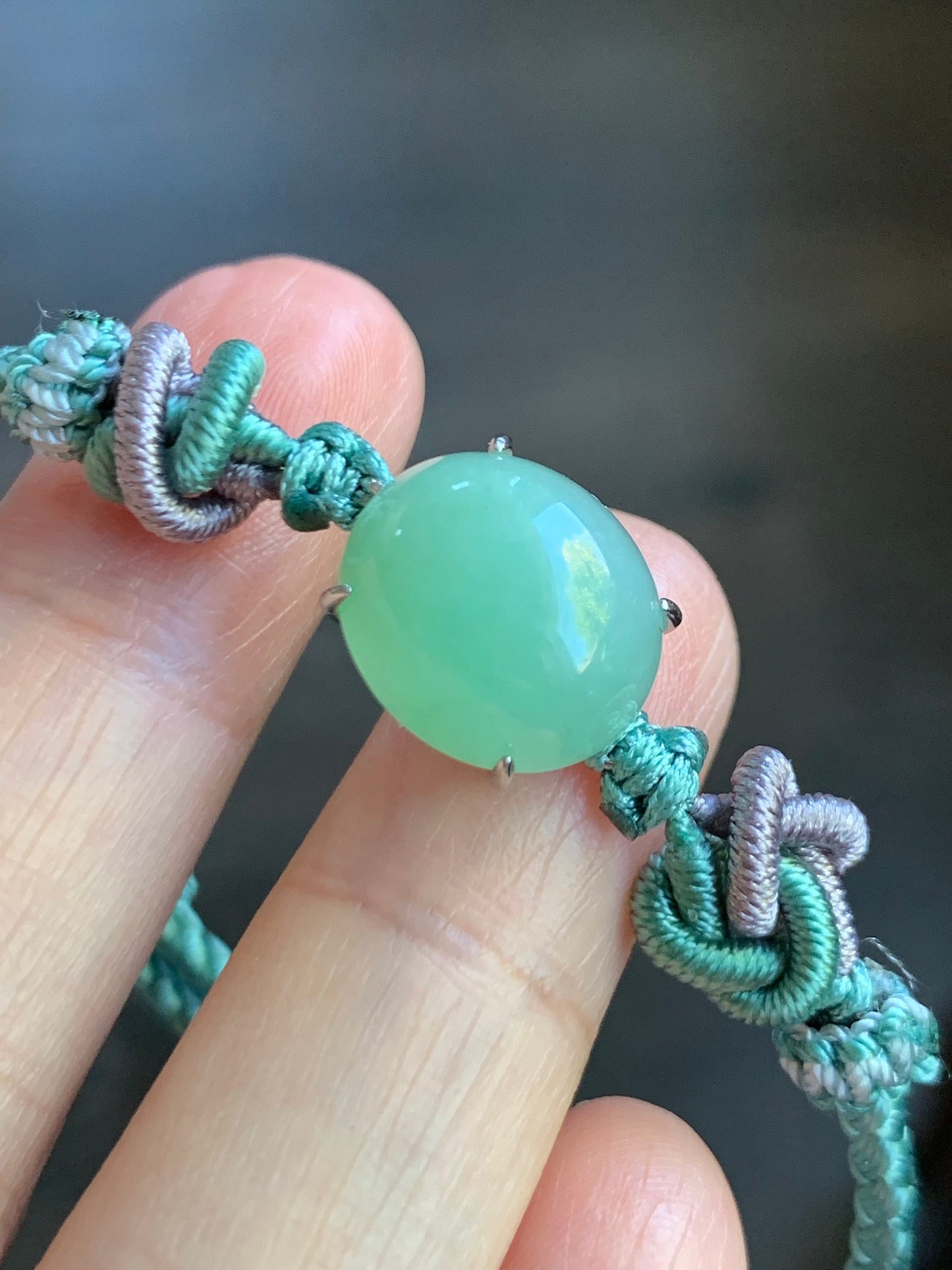 Natural Burmese Icy Translucent Gelatinous Apple Green Jadeite Rope Bracelet Adjustable up to 8.25” Sterling Silver 天然缅甸冰果绿翡翠手绳