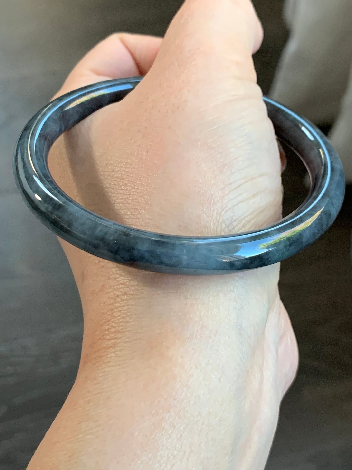 Certified Natural Burmese Icy Highly Translucent Dark Wuji Jadeite Slim Bangle Bracelet 7.6x7.6mm 59.2mm 32.2g 天然缅甸冰乌鸡翡翠细条圆镯手镯 7397