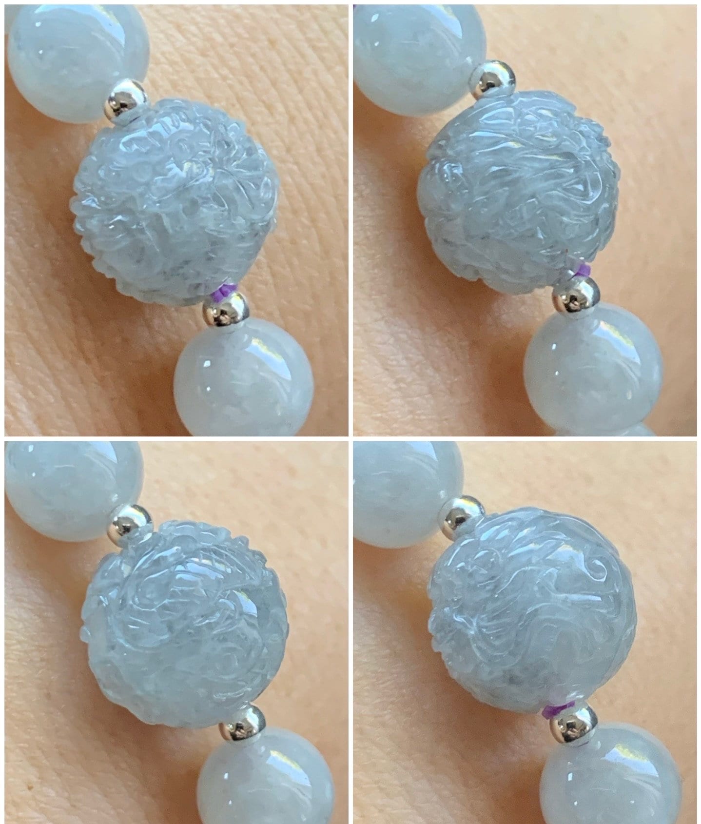 Natural Burmese Grade A Icy Translucent Gelatinous Wuji Jadeite Engraved Dragon Bead Beaded Bracelet 7" Sterling Silver 27g 天然缅甸冰胶乌鸡翡翠龙珠圆珠手串