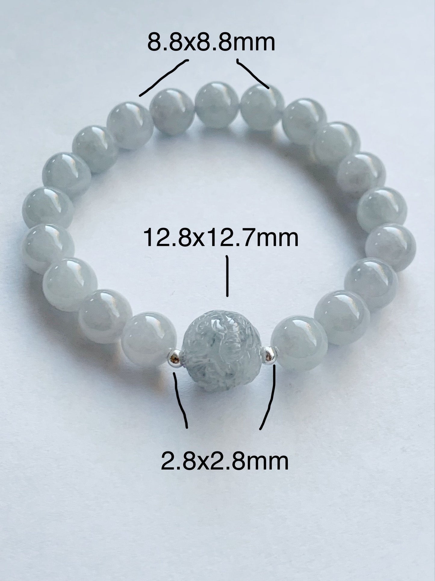 Natural Burmese Grade A Icy Translucent Gelatinous Wuji Jadeite Engraved Dragon Bead Beaded Bracelet 7" Sterling Silver 27g 天然缅甸冰胶乌鸡翡翠龙珠圆珠手串