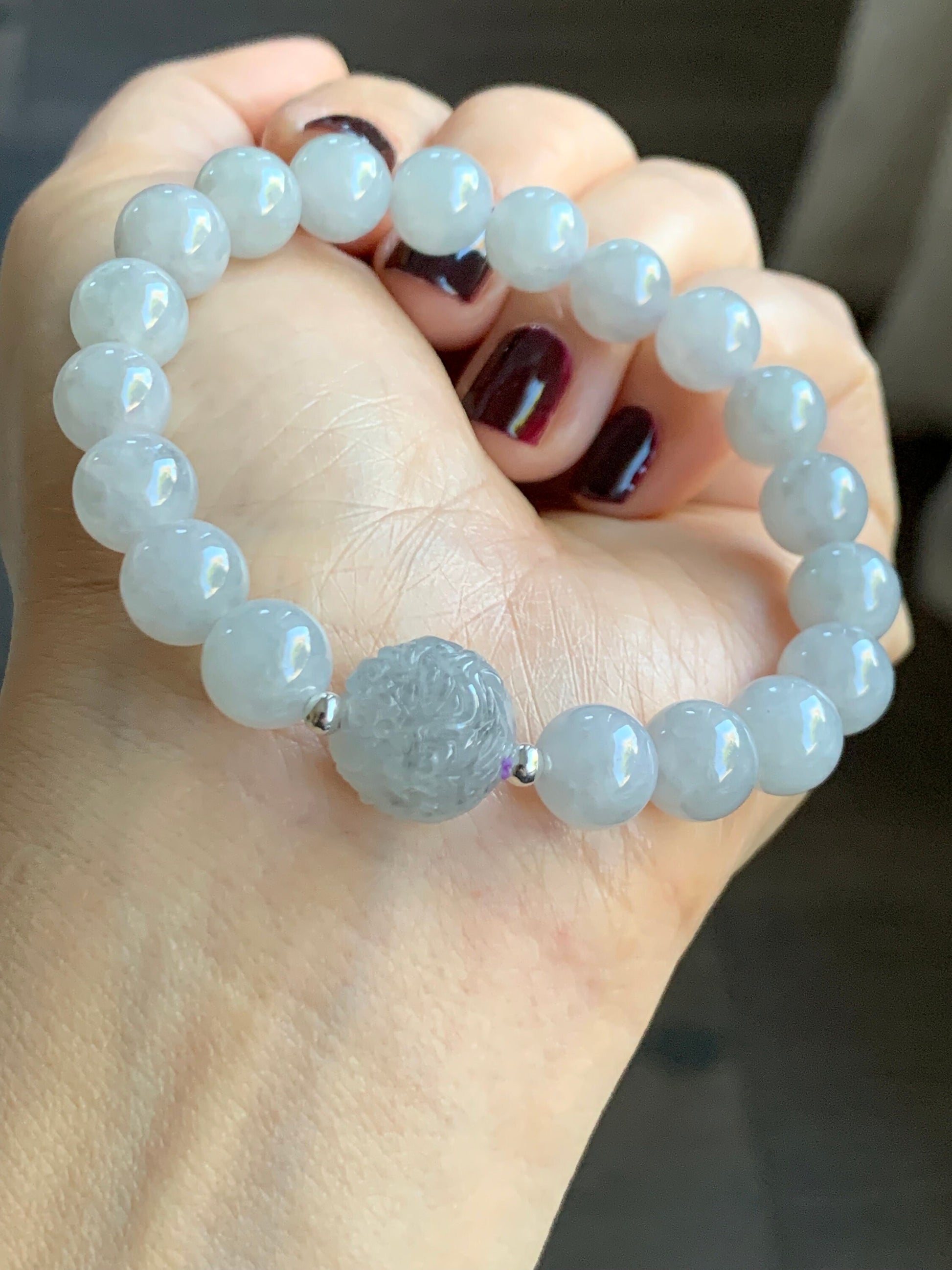 Natural Burmese Grade A Icy Translucent Gelatinous Wuji Jadeite Engraved Dragon Bead Beaded Bracelet 7" Sterling Silver 27g 天然缅甸冰胶乌鸡翡翠龙珠圆珠手串