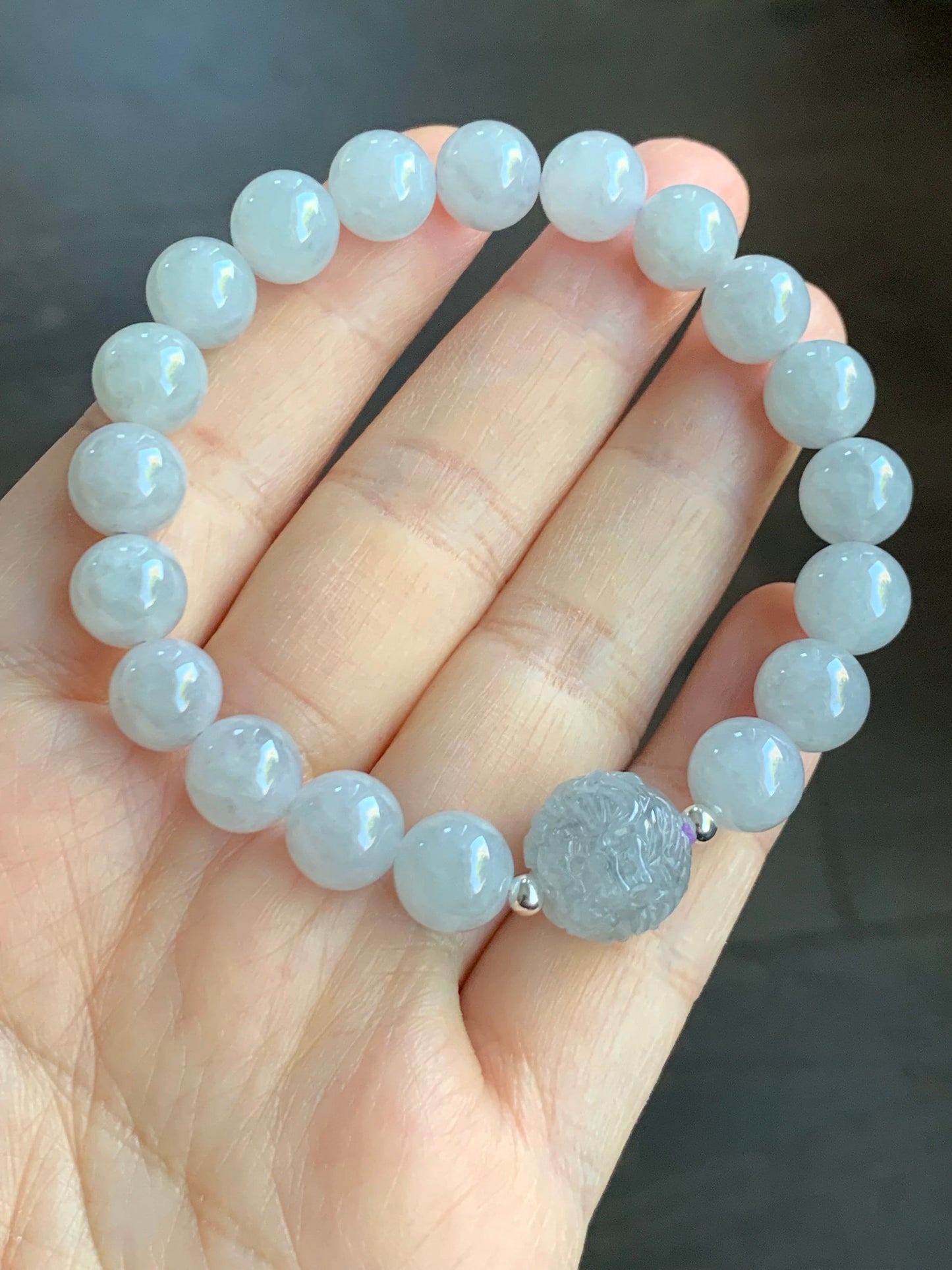 Natural Burmese Grade A Icy Translucent Gelatinous Wuji Jadeite Engraved Dragon Bead Beaded Bracelet 7" Sterling Silver 27g 天然缅甸冰胶乌鸡翡翠龙珠圆珠手串