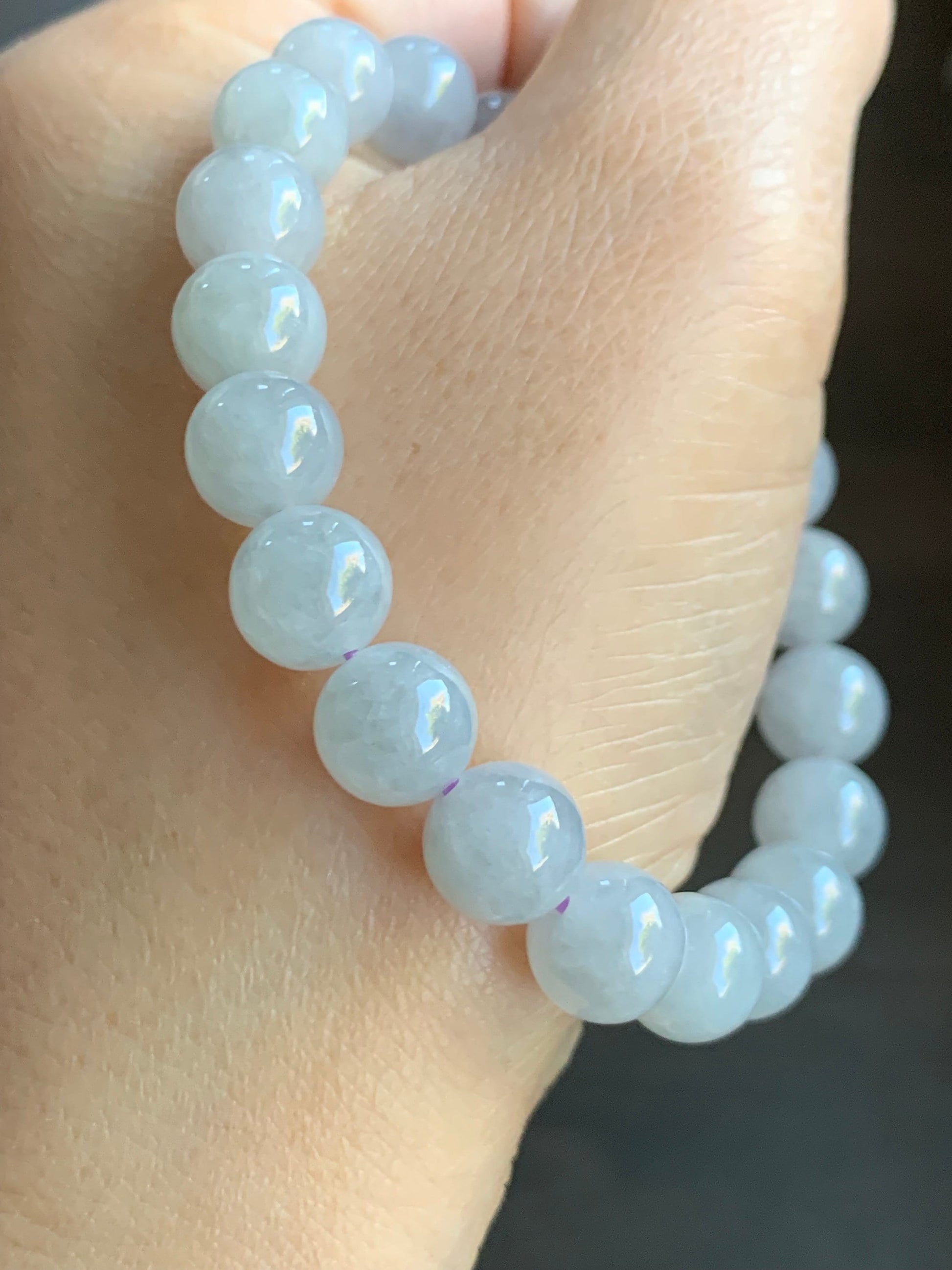 Natural Burmese Grade A Icy Translucent Gelatinous Wuji Jadeite Engraved Dragon Bead Beaded Bracelet 7" Sterling Silver 27g 天然缅甸冰胶乌鸡翡翠龙珠圆珠手串