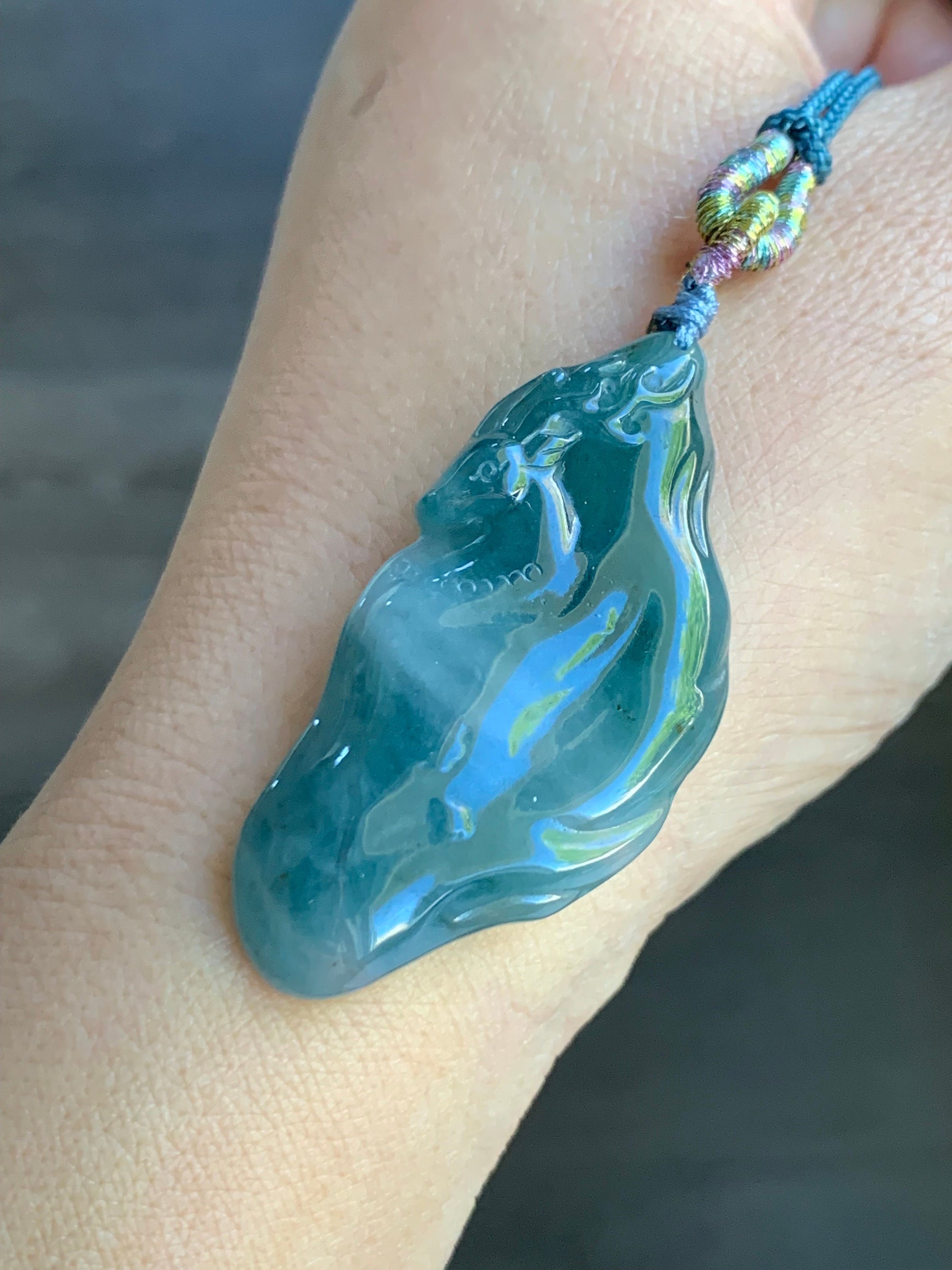 Natural Guatemalan Icy Translucent Teal Blue Jadeite w/ Light Blue Marbling Engraved Deer Pendant Rope Necklace Adjustable 天然危蓝水飘花翡翠梅花鹿吊坠