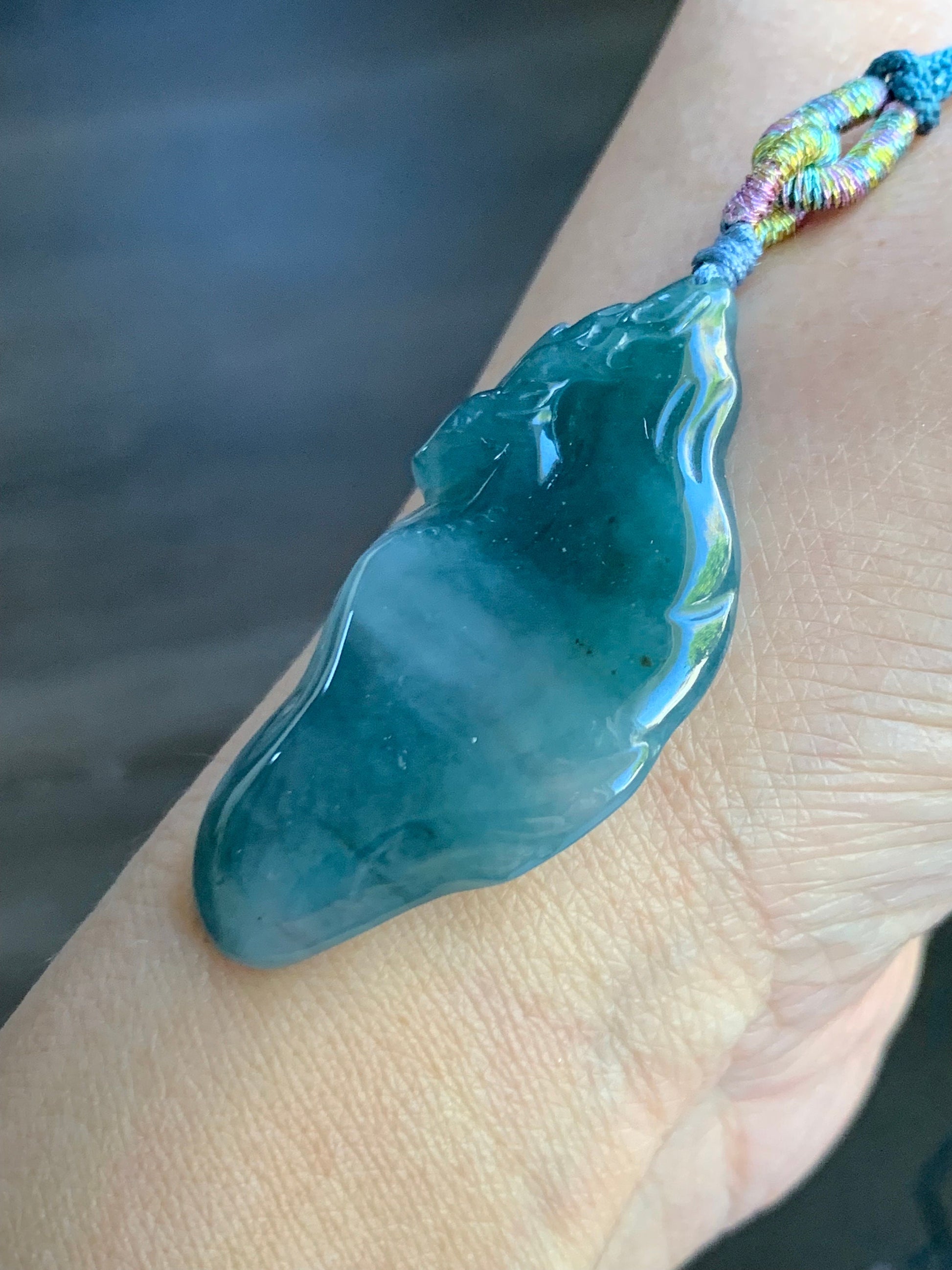 Natural Guatemalan Icy Translucent Teal Blue Jadeite w/ Light Blue Marbling Engraved Deer Pendant Rope Necklace Adjustable 天然危蓝水飘花翡翠梅花鹿吊坠