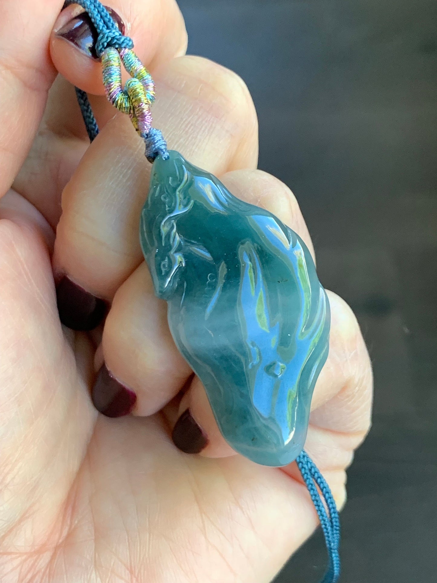 Natural Guatemalan Icy Translucent Teal Blue Jadeite w/ Light Blue Marbling Engraved Deer Pendant Rope Necklace Adjustable 天然危蓝水飘花翡翠梅花鹿吊坠