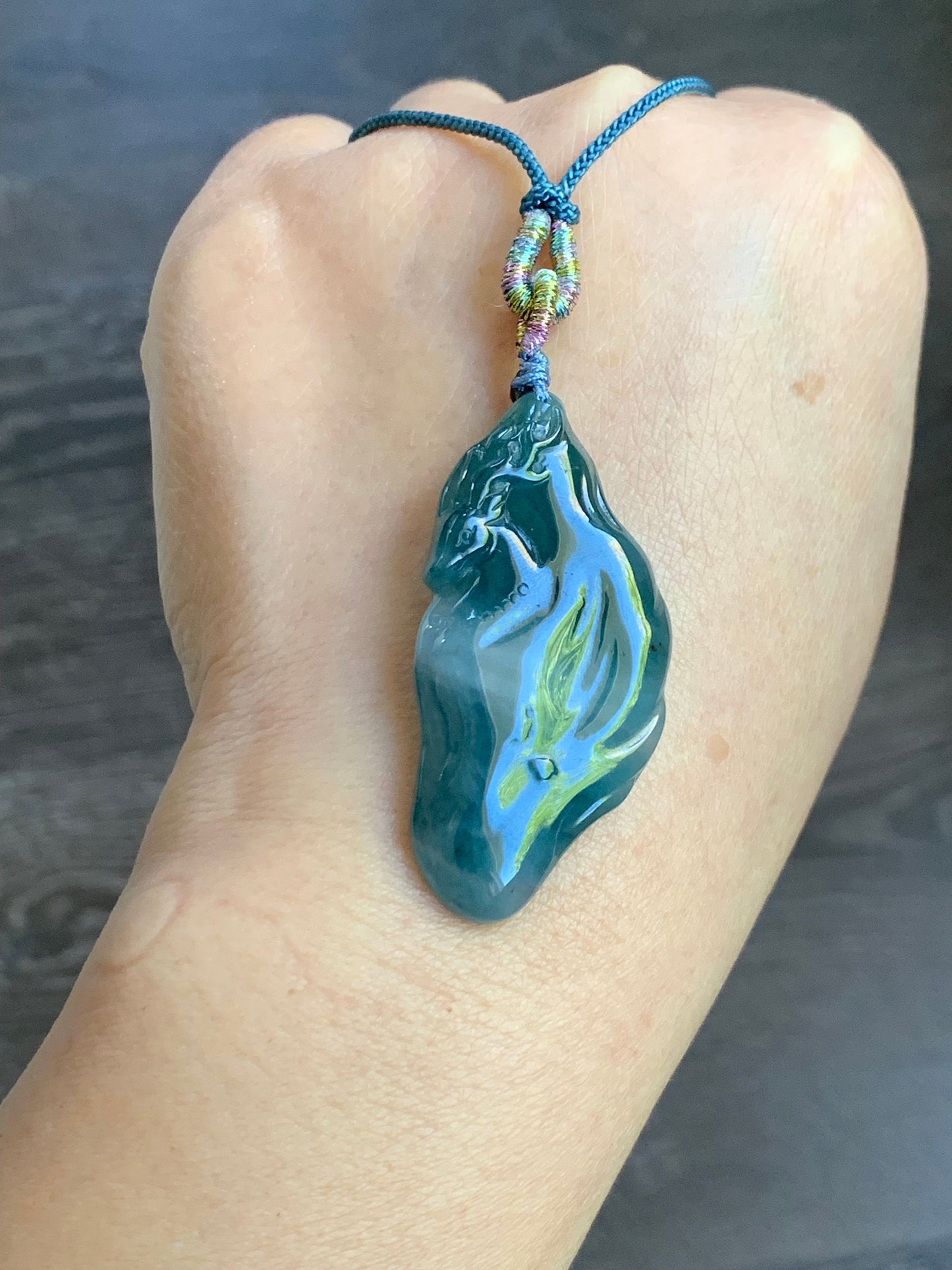 Natural Guatemalan Icy Translucent Teal Blue Jadeite w/ Light Blue Marbling Engraved Deer Pendant Rope Necklace Adjustable 天然危蓝水飘花翡翠梅花鹿吊坠