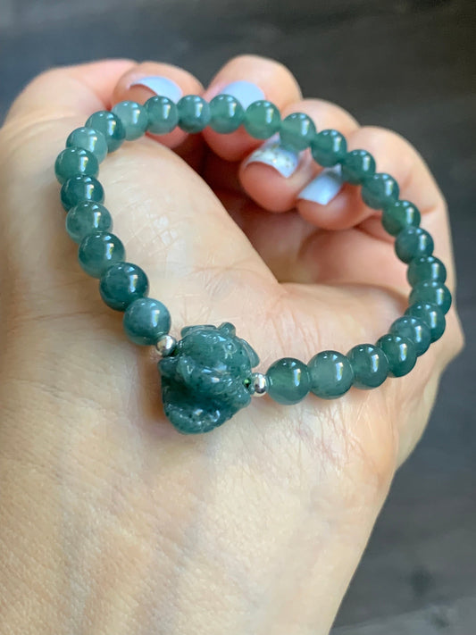 Natural Guatemalan Icy Translucent Dark Teal Blue Jadeite Carved Crocodile Charm Beaded Bracelet 6.75” Sterling Silver 天然冰危蓝水翡翠鳄鱼宝宝圆珠手串