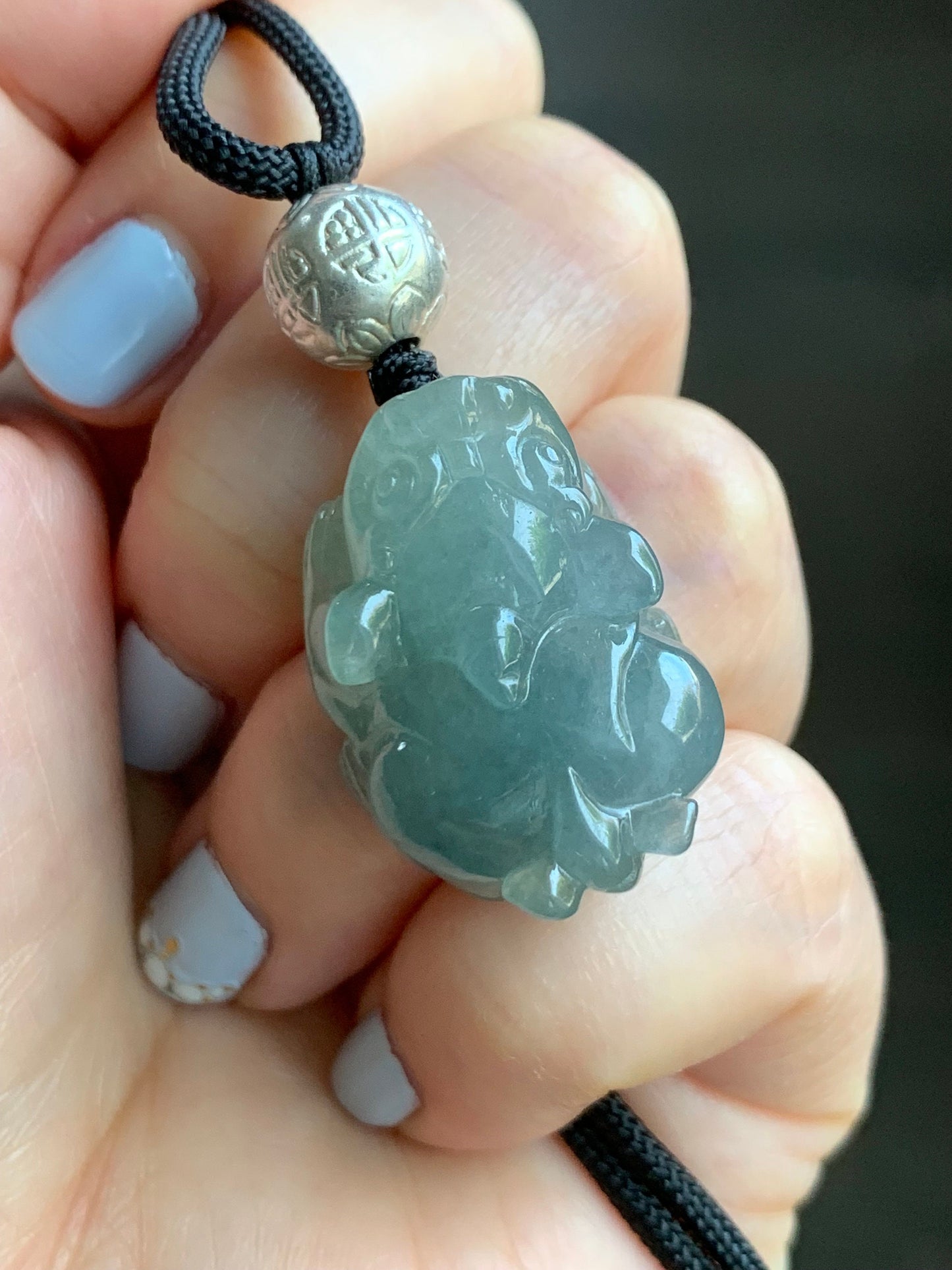 Natural Burmese Icy Highly Translucent Gelatinous Dusty Green Jadeite Pixiu Pendant Rope Necklace 999 Sterling Silver 天然缅甸冰胶暗绿翡翠貔貅吊坠