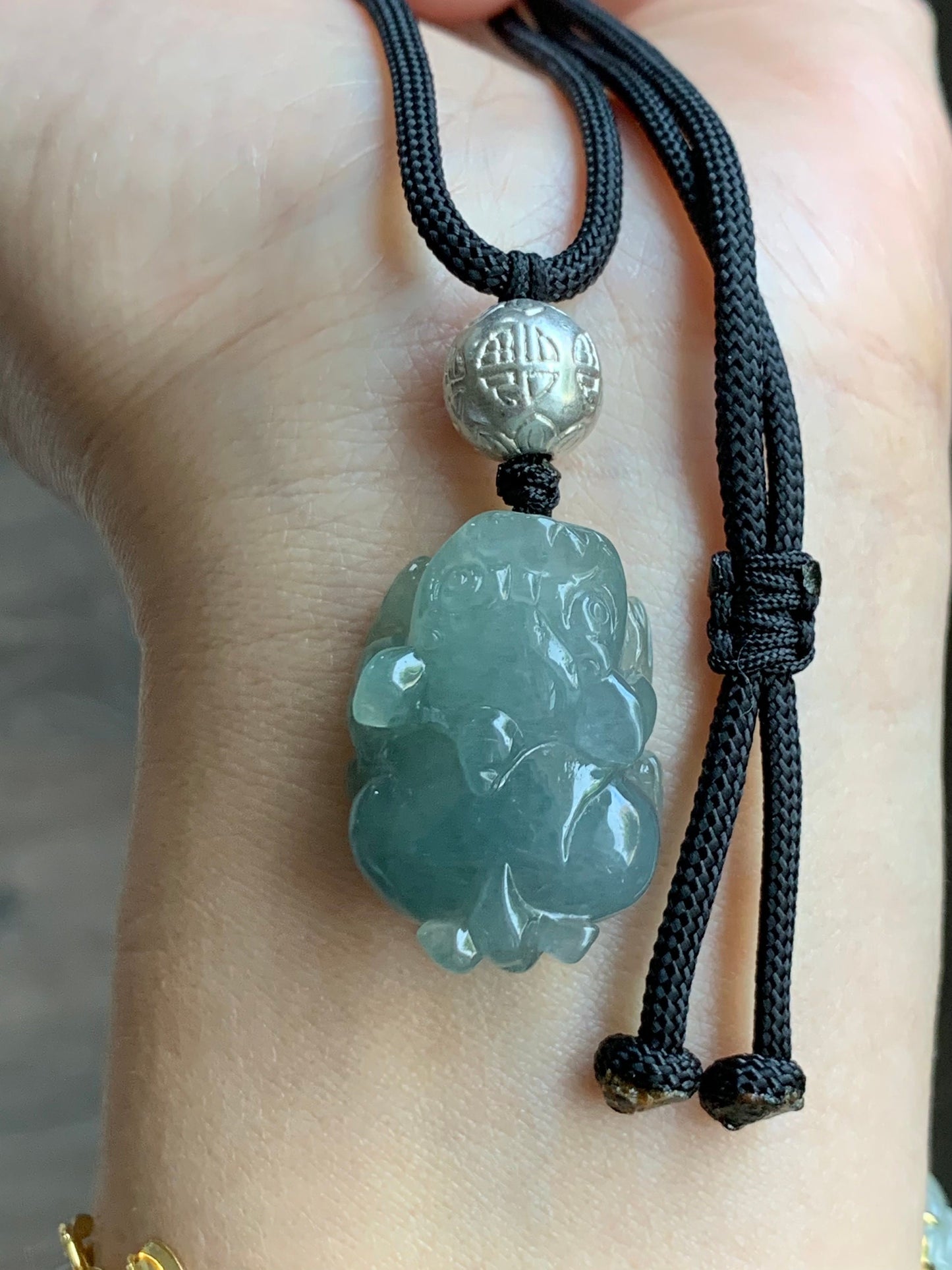 Natural Burmese Icy Highly Translucent Gelatinous Dusty Green Jadeite Pixiu Pendant Rope Necklace 999 Sterling Silver 天然缅甸冰胶暗绿翡翠貔貅吊坠