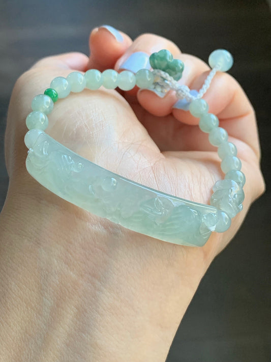 Natural Burmese Icy Translucent Gelatinous Light Green Jadeite Carved Shan Shui Scenery Pixiu Beaded Bracelet Adjustable 天然缅甸冰胶晴色翡翠山水牌貔貅手串