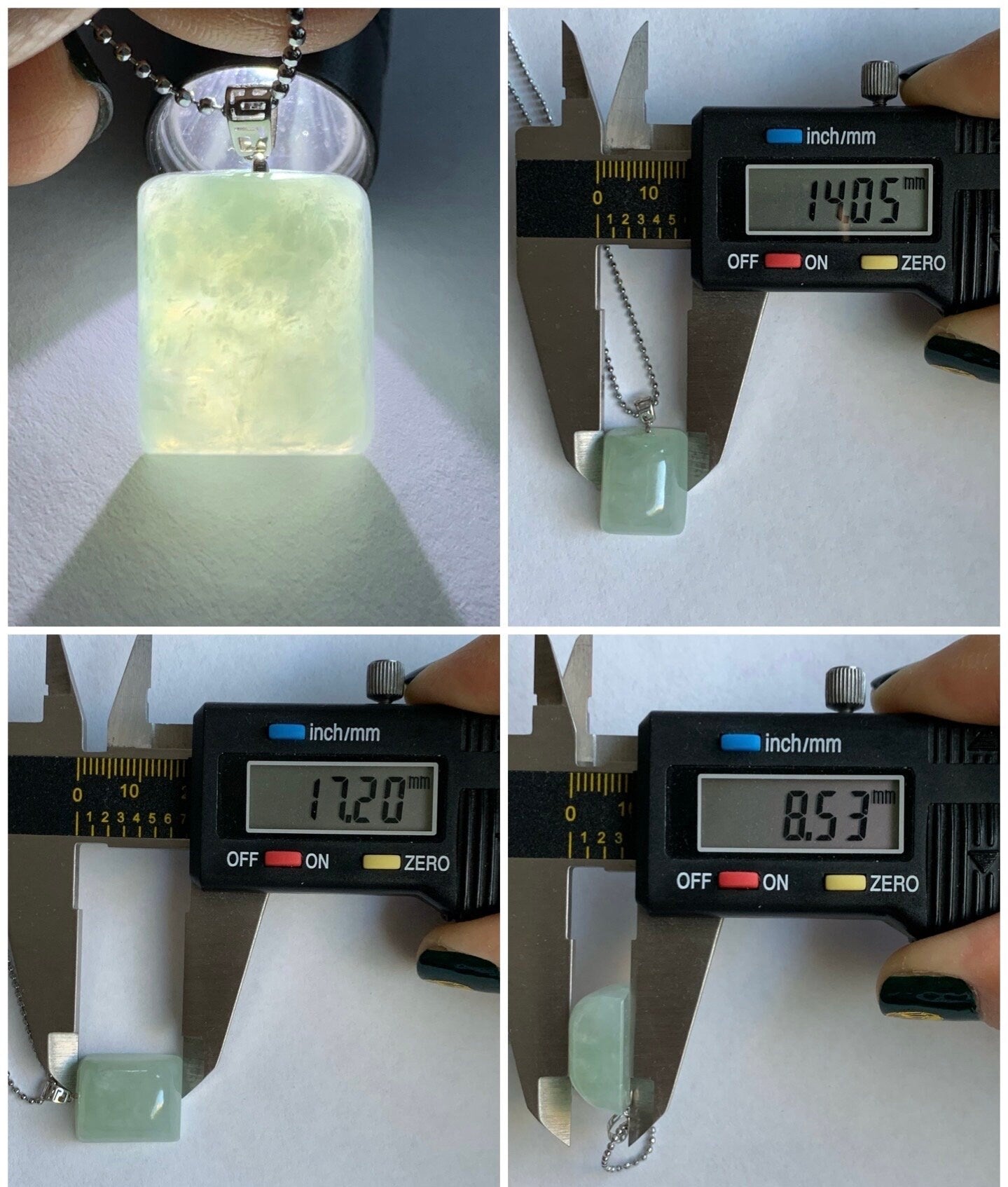 Natural Burmese Icy Translucent Pastel Light Green Jadeite Rectangle Pendant 18ＫWhite Gold 5g 天然缅甸糯冰淡晴底翡翠牌镶嵌吊坠