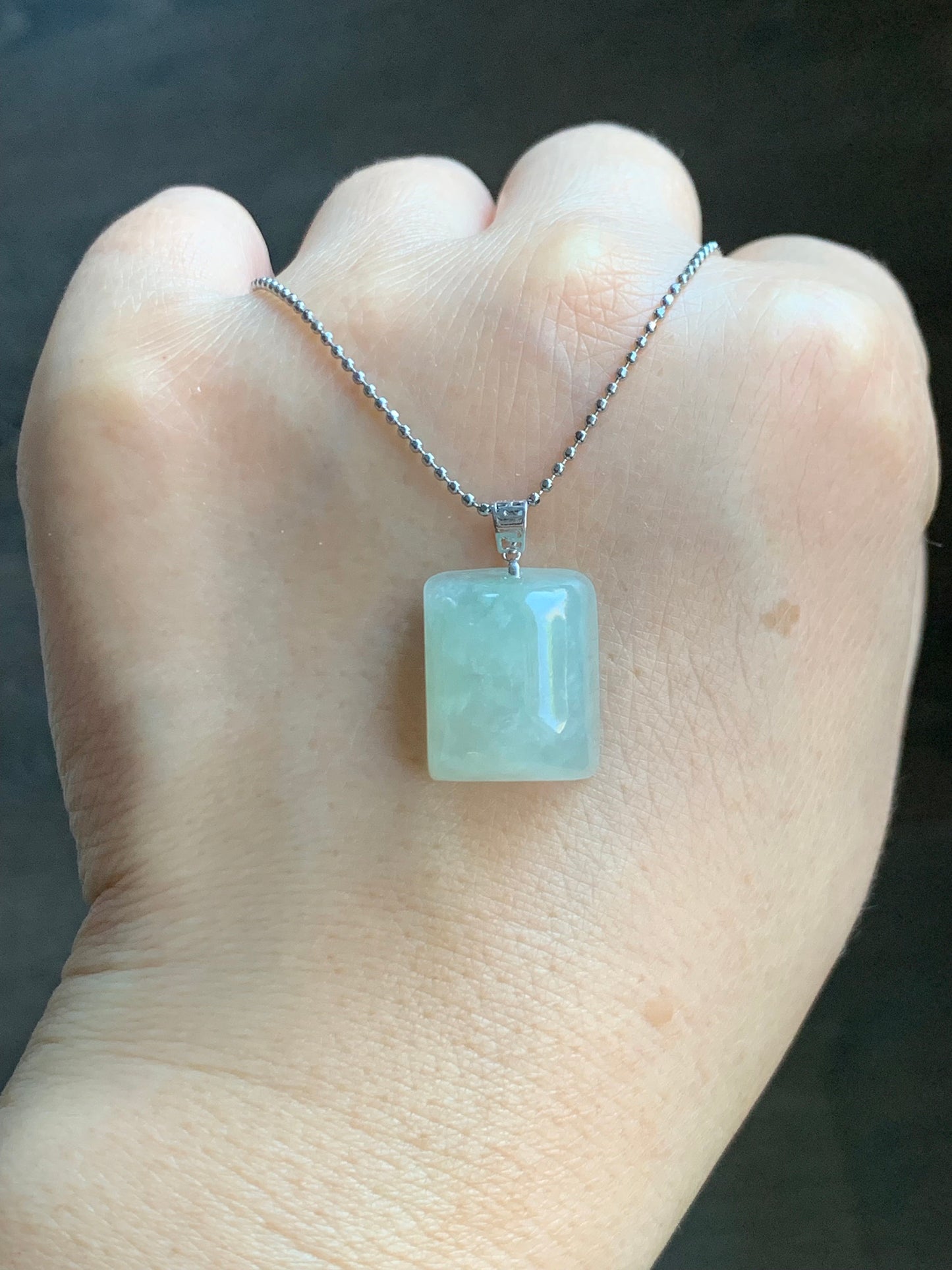 Natural Burmese Icy Translucent Pastel Light Green Jadeite Rectangle Pendant 18ＫWhite Gold 5g 天然缅甸糯冰淡晴底翡翠牌镶嵌吊坠