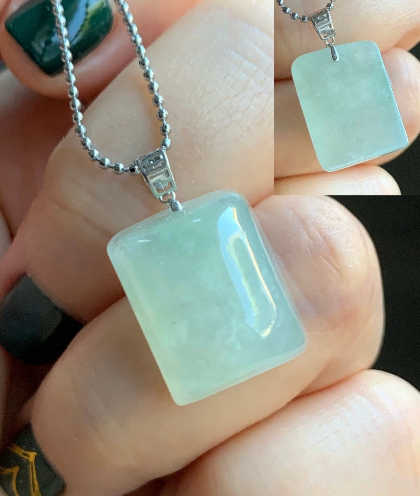 Natural Burmese Icy Translucent Pastel Light Green Jadeite Rectangle Pendant 18ＫWhite Gold 5g 天然缅甸糯冰淡晴底翡翠牌镶嵌吊坠