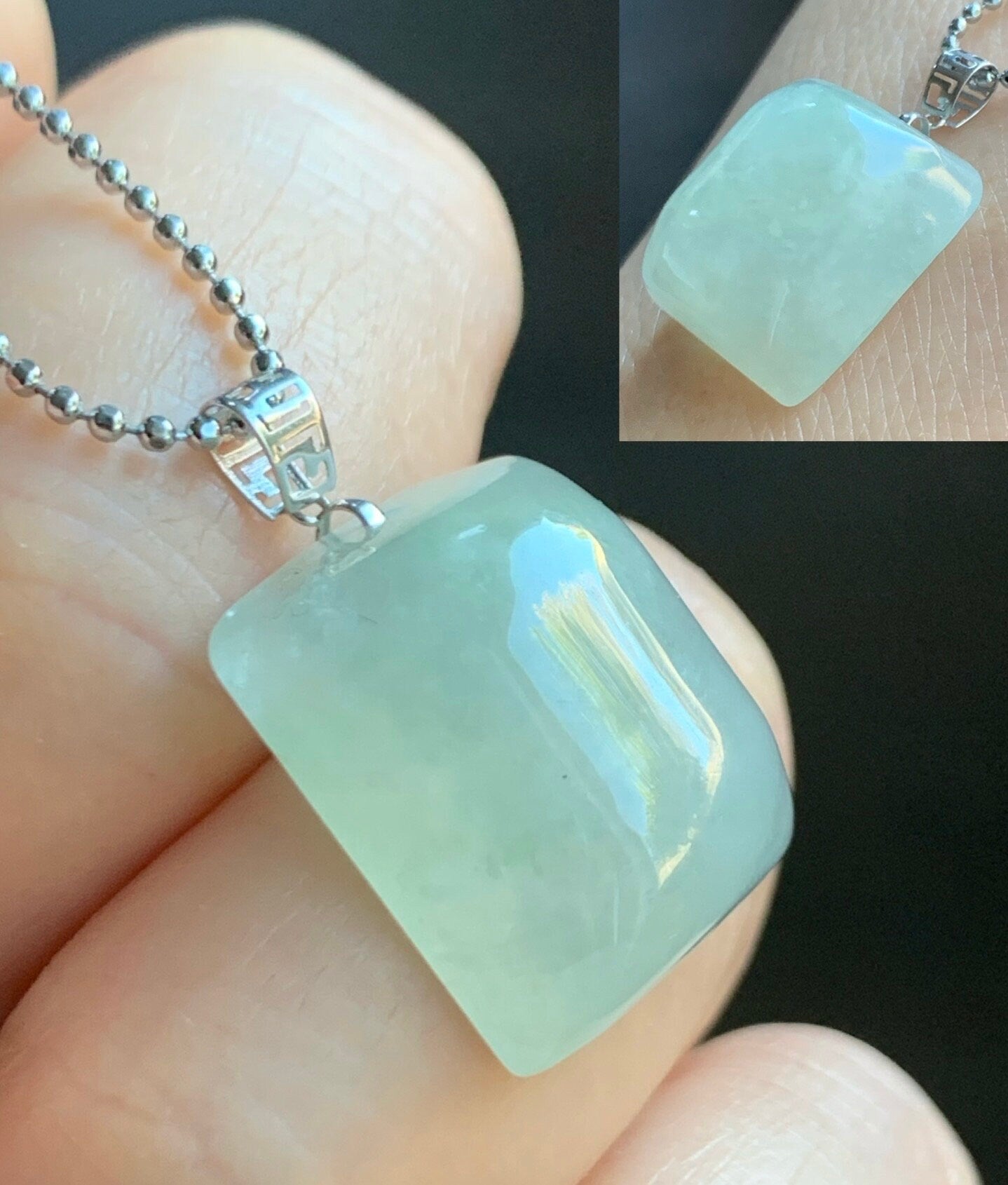 Natural Burmese Icy Translucent Pastel Light Green Jadeite Rectangle Pendant 18ＫWhite Gold 5g 天然缅甸糯冰淡晴底翡翠牌镶嵌吊坠