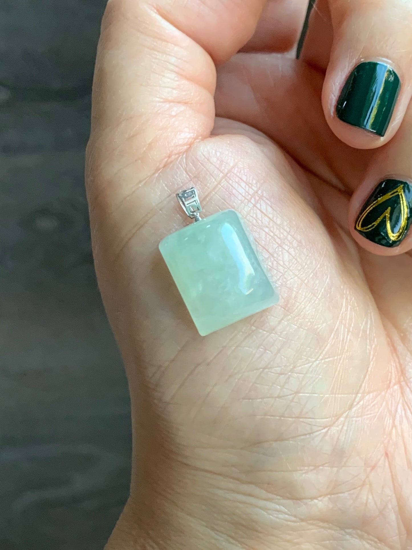 Natural Burmese Icy Translucent Pastel Light Green Jadeite Rectangle Pendant 18ＫWhite Gold 5g 天然缅甸糯冰淡晴底翡翠牌镶嵌吊坠