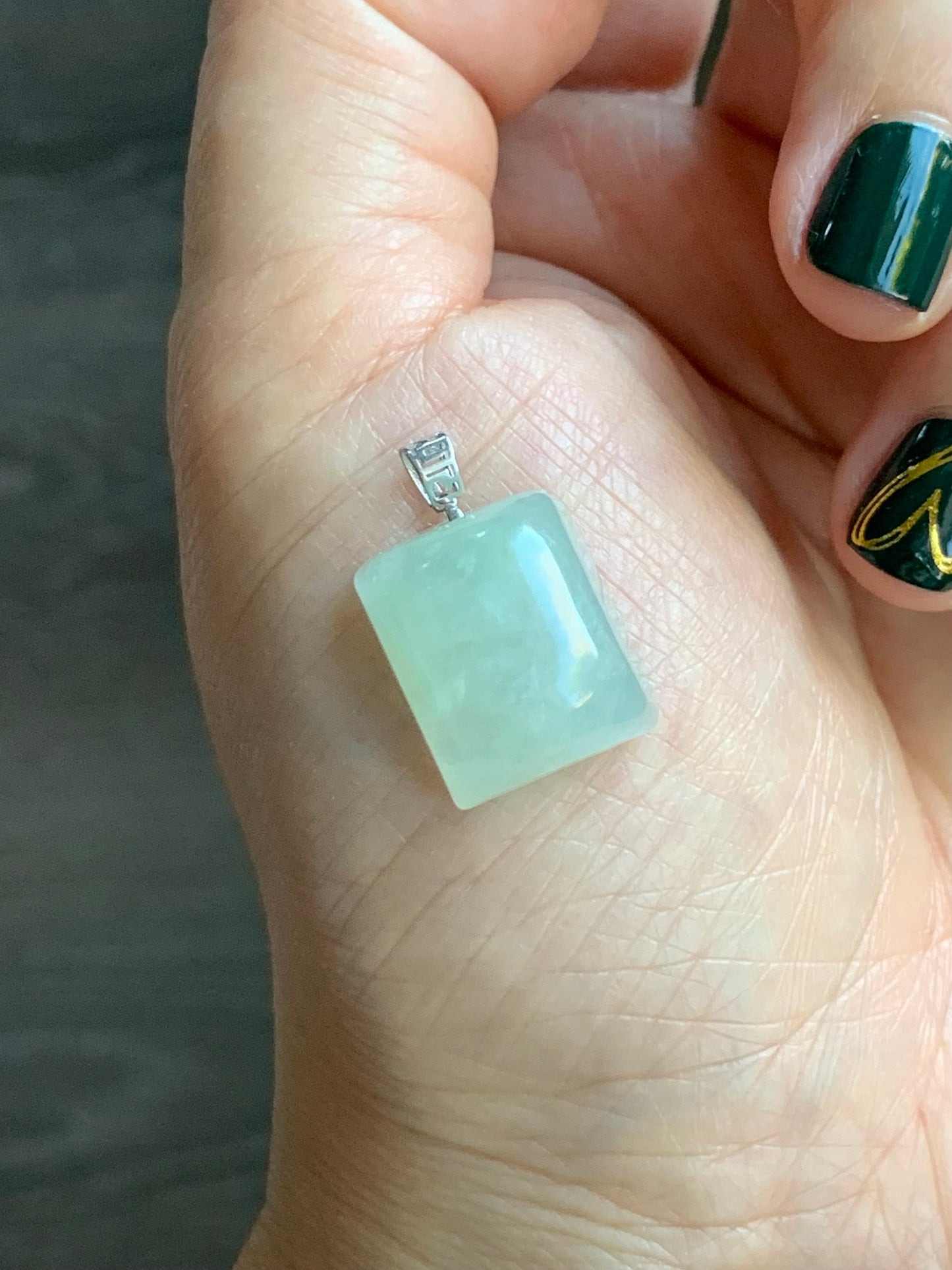 Natural Burmese Icy Translucent Pastel Light Green Jadeite Rectangle Pendant 18ＫWhite Gold 5g 天然缅甸糯冰淡晴底翡翠牌镶嵌吊坠