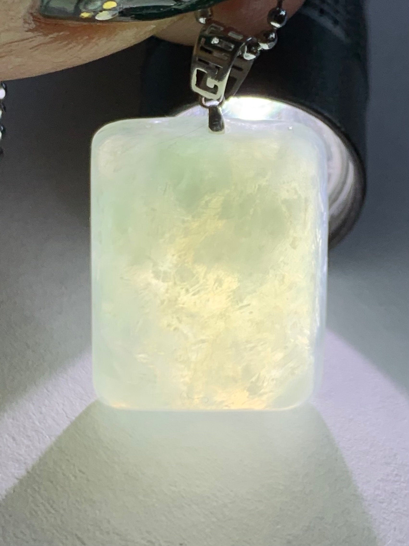 Natural Burmese Icy Translucent Pastel Light Green Jadeite Rectangle Pendant 18ＫWhite Gold 5g 天然缅甸糯冰淡晴底翡翠牌镶嵌吊坠