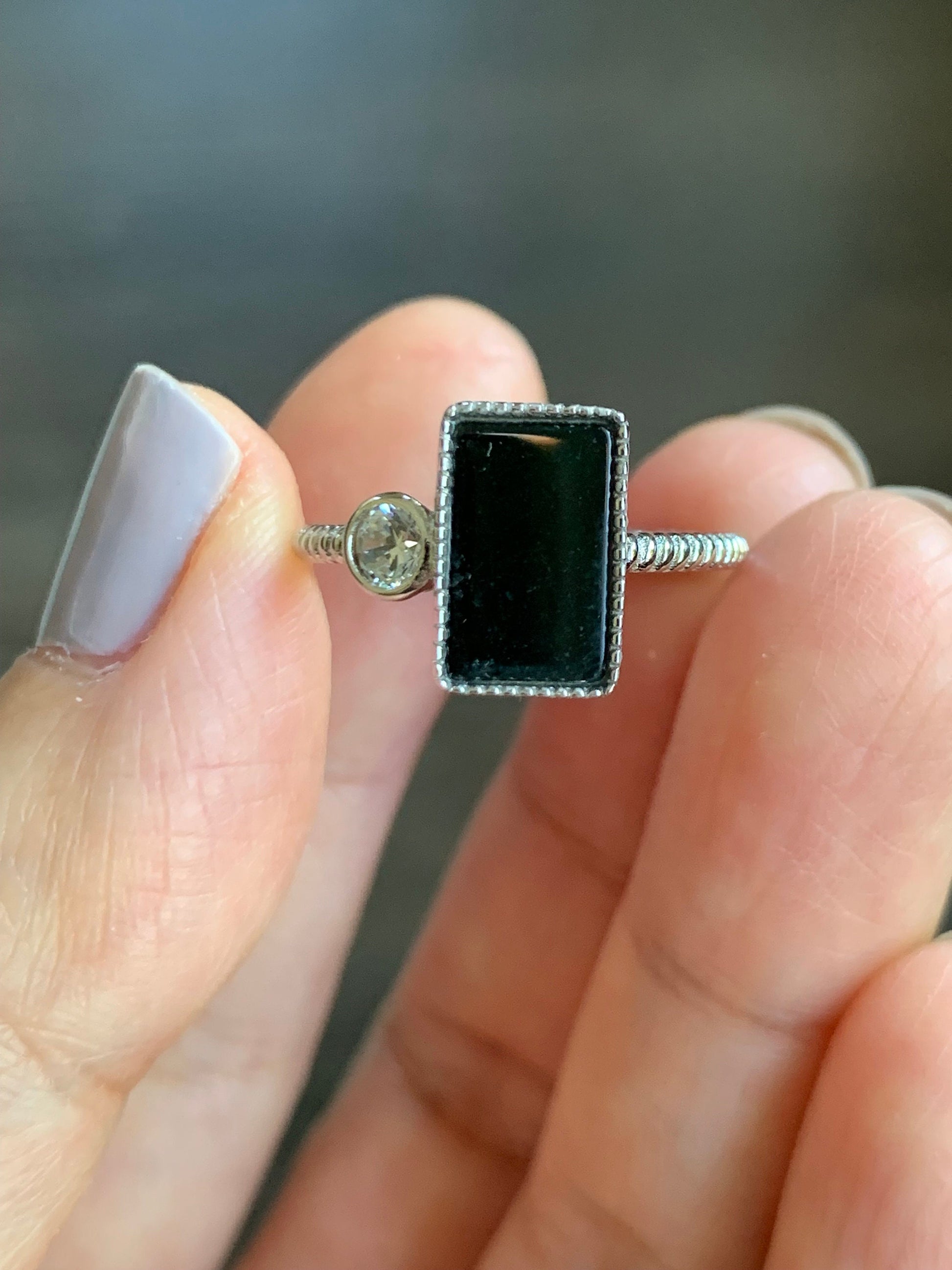 Certified Natural Burmese Icy Translucent Intense Black Jadeite Rectangle Ring S925 Sterling Silver Size Adjustable 天然缅甸墨翠透绿银镶戒指 4969