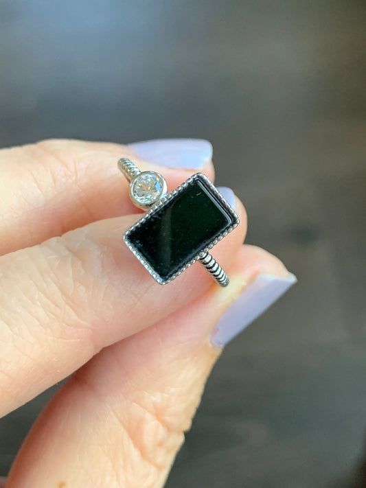 Certified Natural Burmese Icy Translucent Intense Black Jadeite Rectangle Ring S925 Sterling Silver Size Adjustable 天然缅甸墨翠透绿银镶戒指 4969