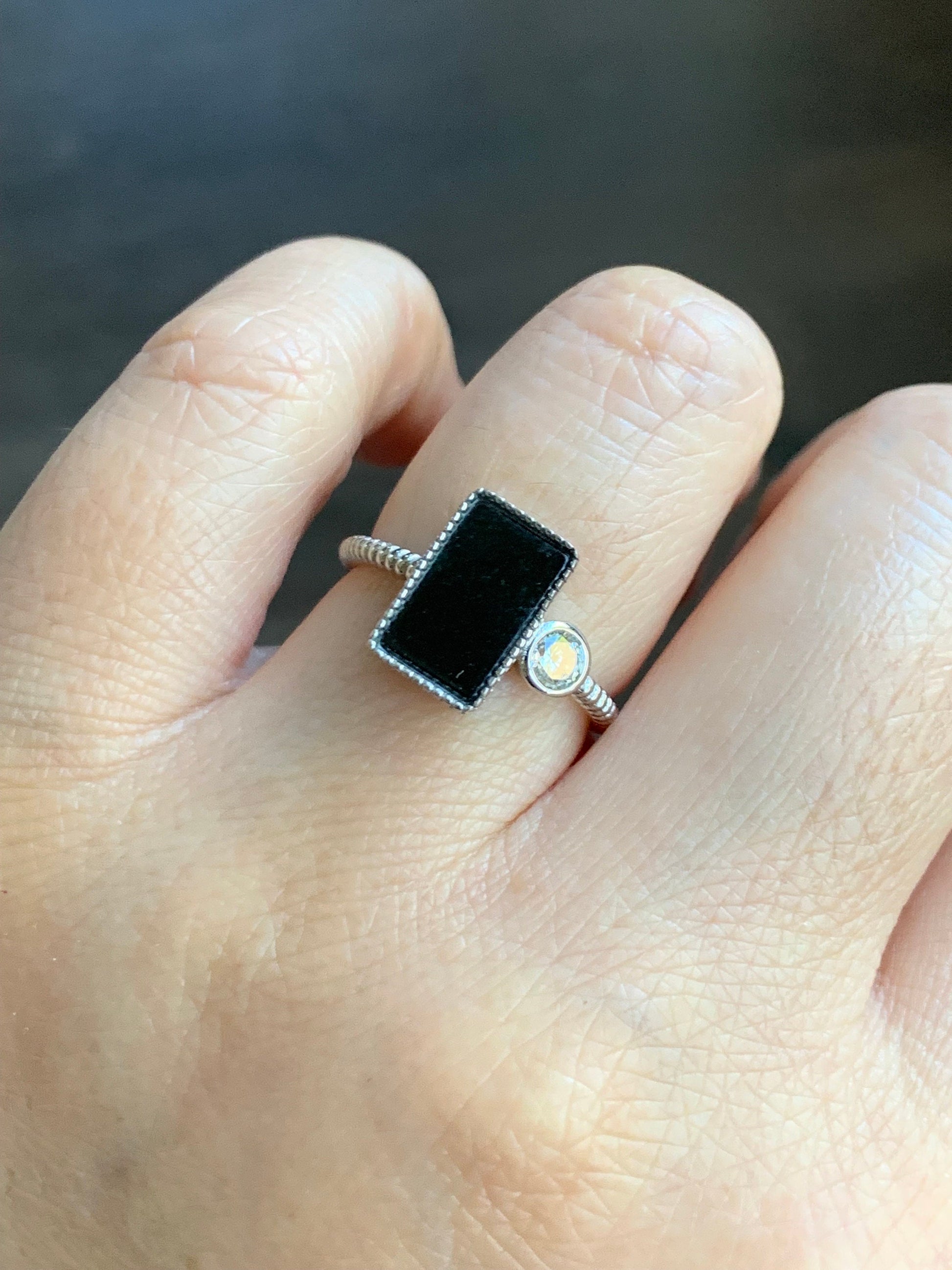 Certified Natural Burmese Icy Translucent Intense Black Jadeite Rectangle Ring S925 Sterling Silver Size Adjustable 天然缅甸墨翠透绿银镶戒指 4969