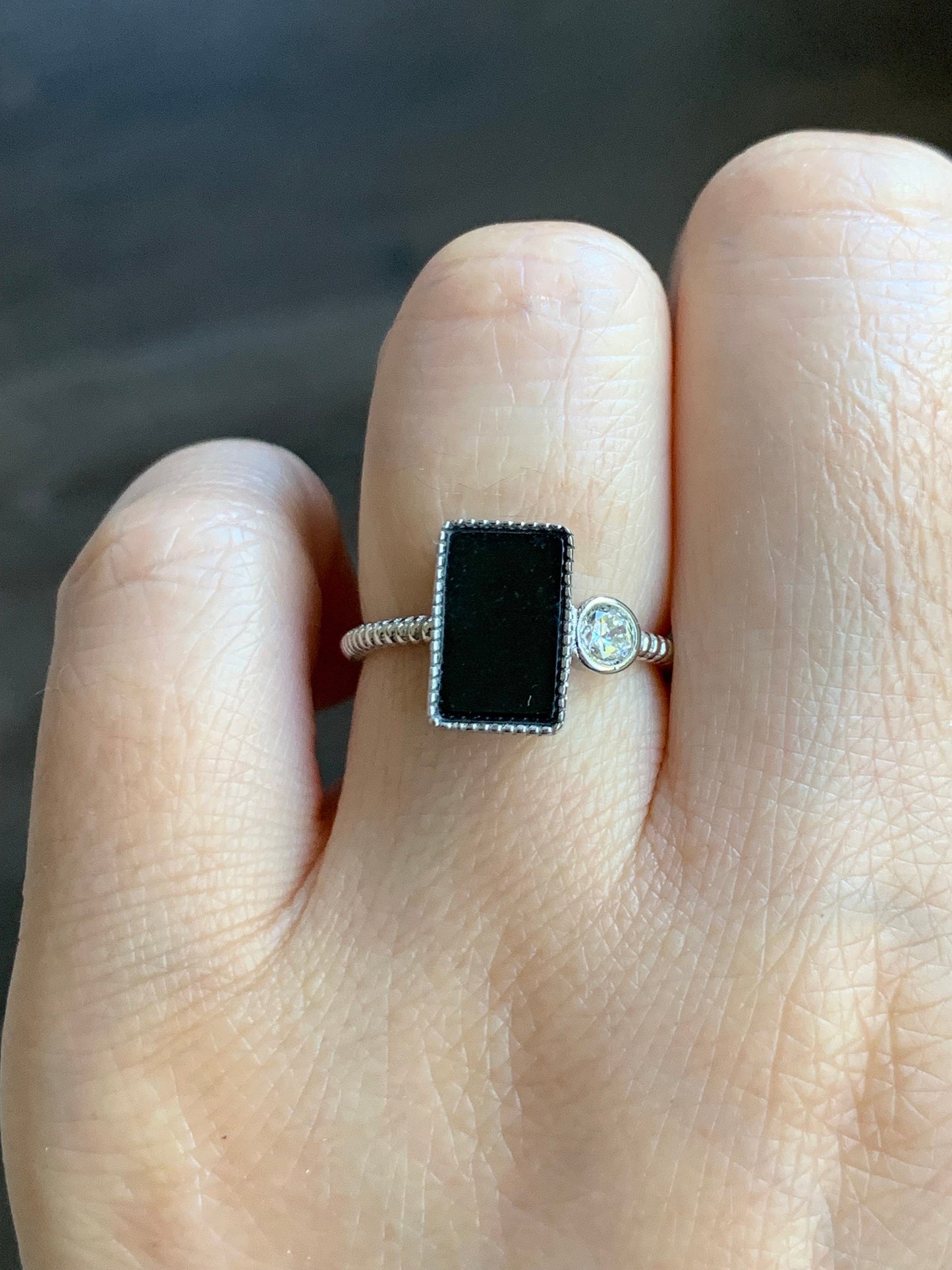 Certified Natural Burmese Icy Translucent Intense Black Jadeite Rectangle Ring S925 Sterling Silver Size Adjustable 天然缅甸墨翠透绿银镶戒指 4969